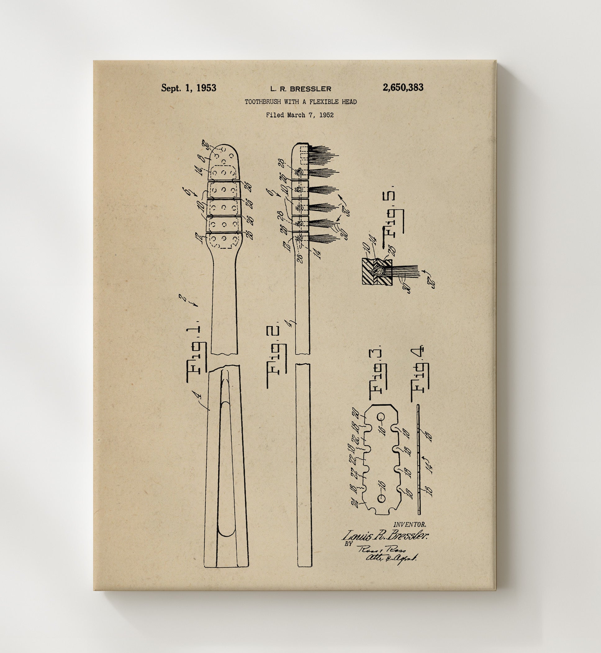 Patent Print - Flexible Head Toothbrush - Louis R. Bressler - 1953 - Patent 2650383 Patent Wall Art