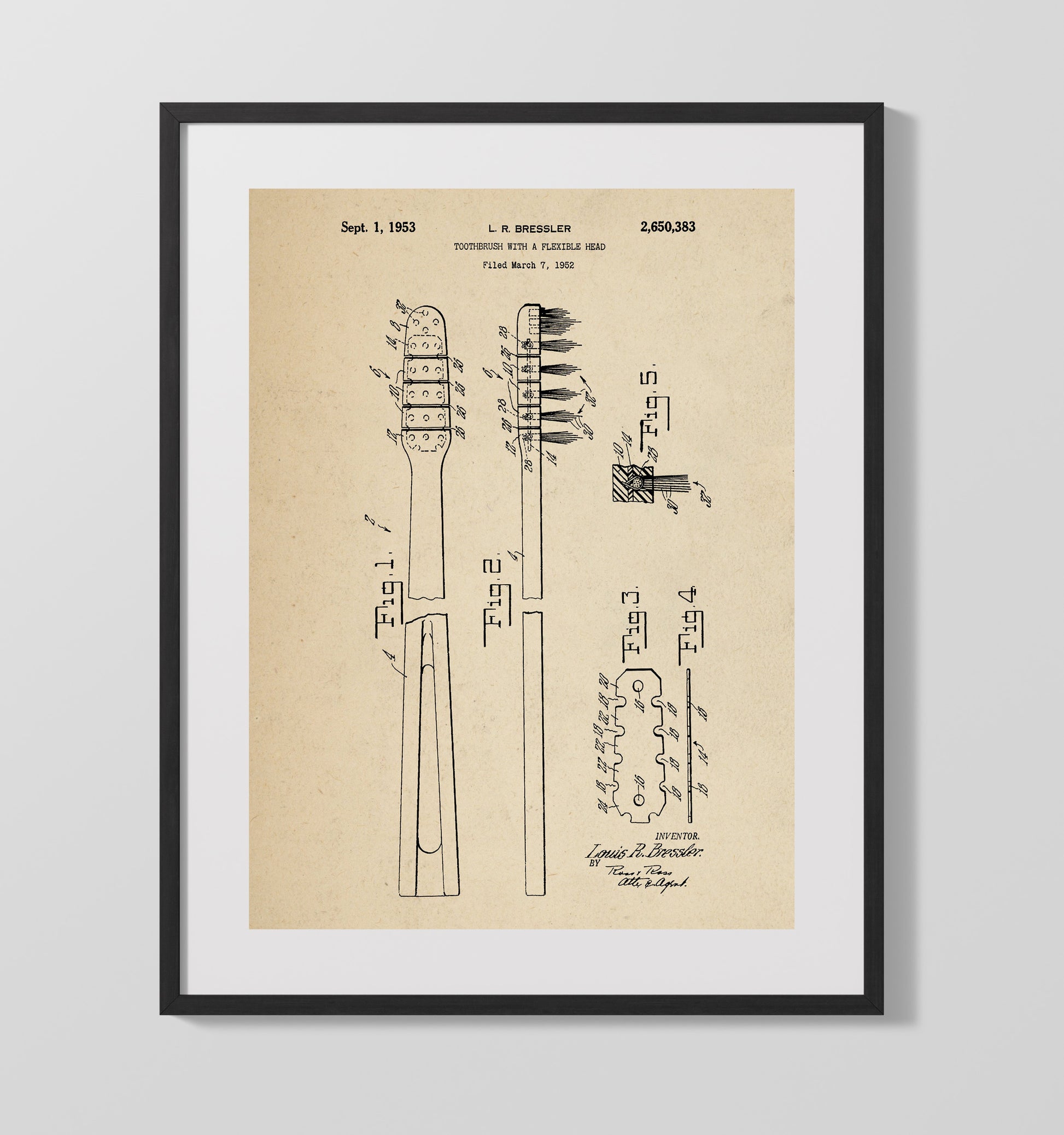 Patent Print - Flexible Head Toothbrush - Louis R. Bressler - 1953 - Patent 2650383 Patent Wall Art