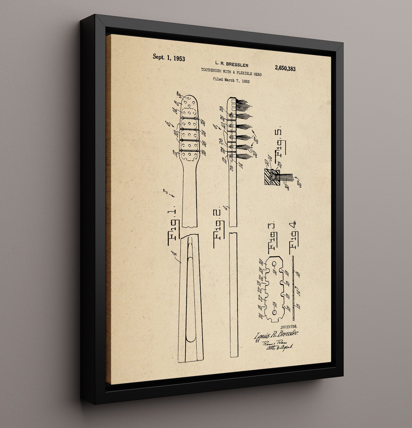 Patent Print - Flexible Head Toothbrush - Louis R. Bressler - 1953 - Patent 2650383 Patent Wall Art