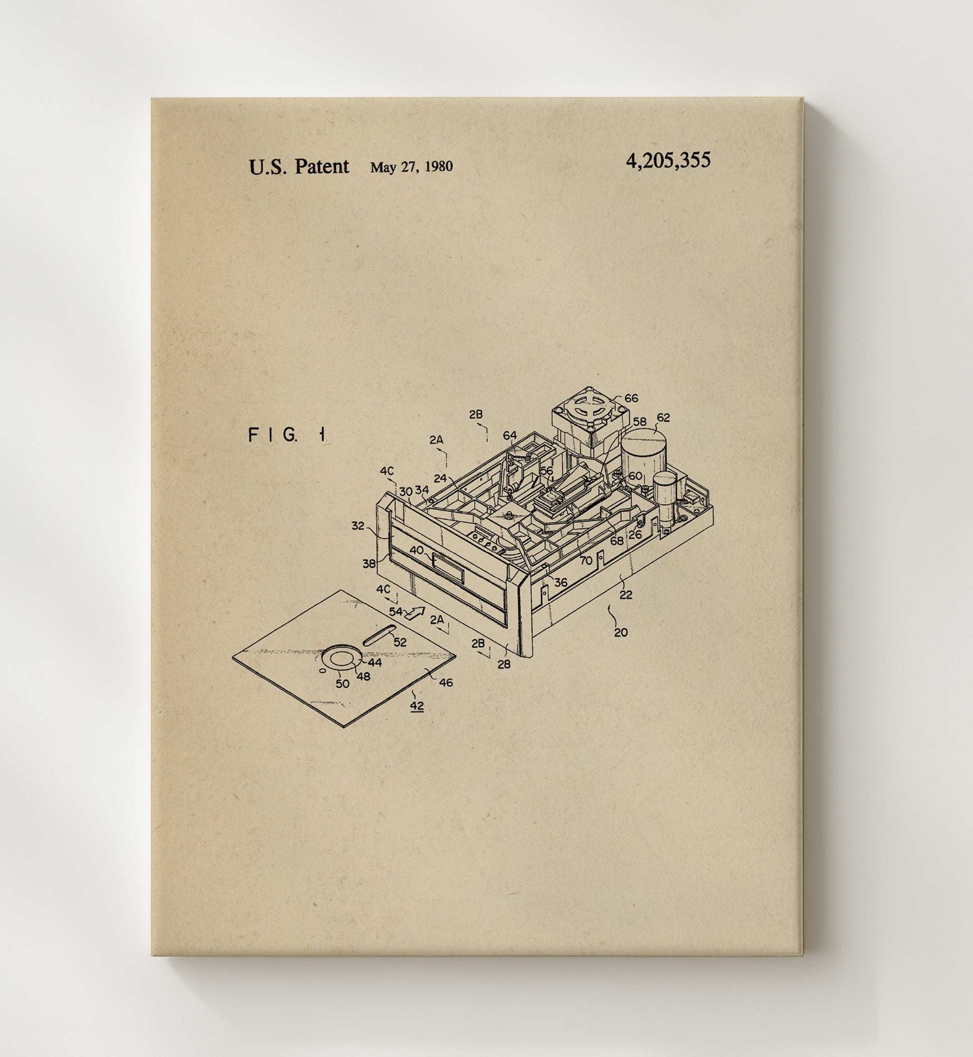 Patent Print - Floppy Disk Drive Mechanism - Unknown Inventor - 1980 - Patent 4205355 Patent Wall Art