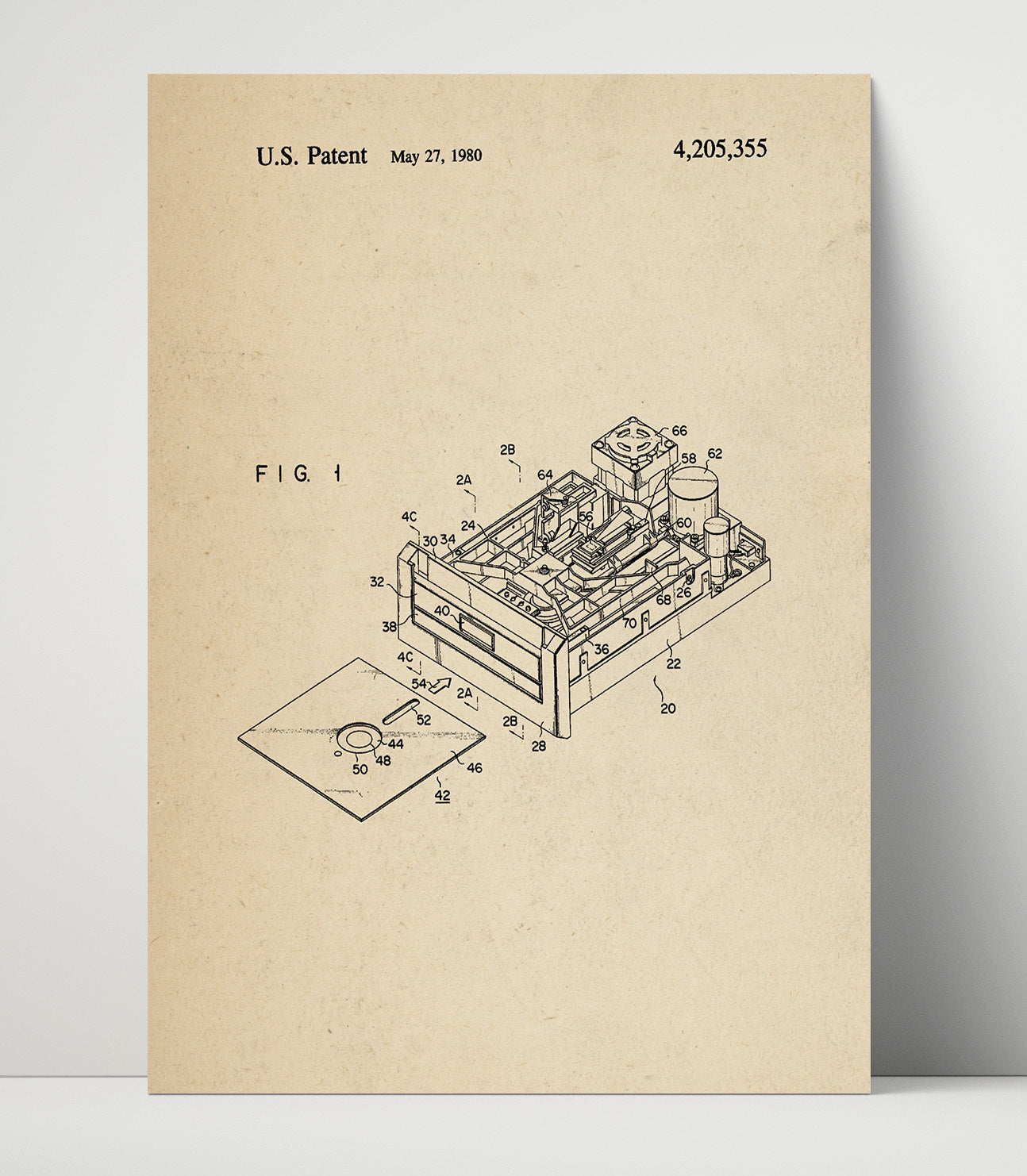 Patent Print - Floppy Disk Drive Mechanism - Unknown Inventor - 1980 - Patent 4205355 Patent Wall Art