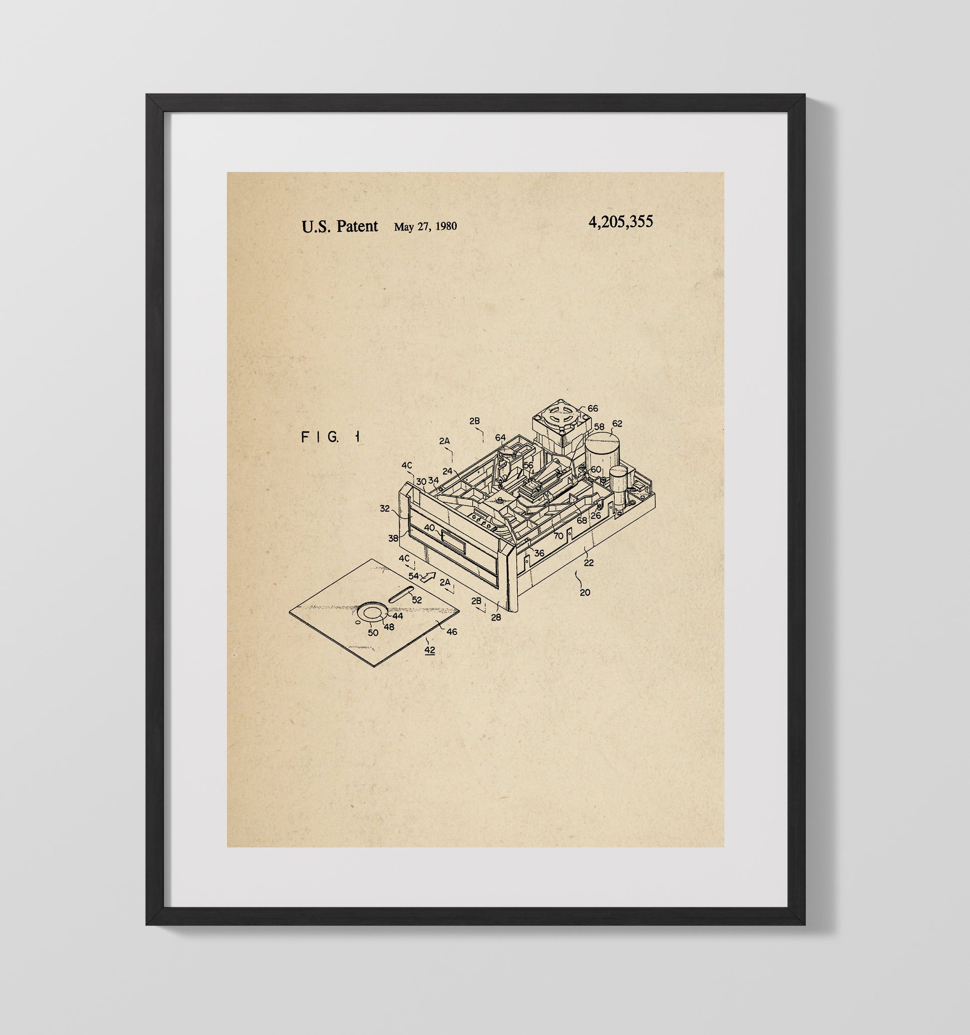Patent Print - Floppy Disk Drive Mechanism - Unknown Inventor - 1980 - Patent 4205355 Patent Wall Art