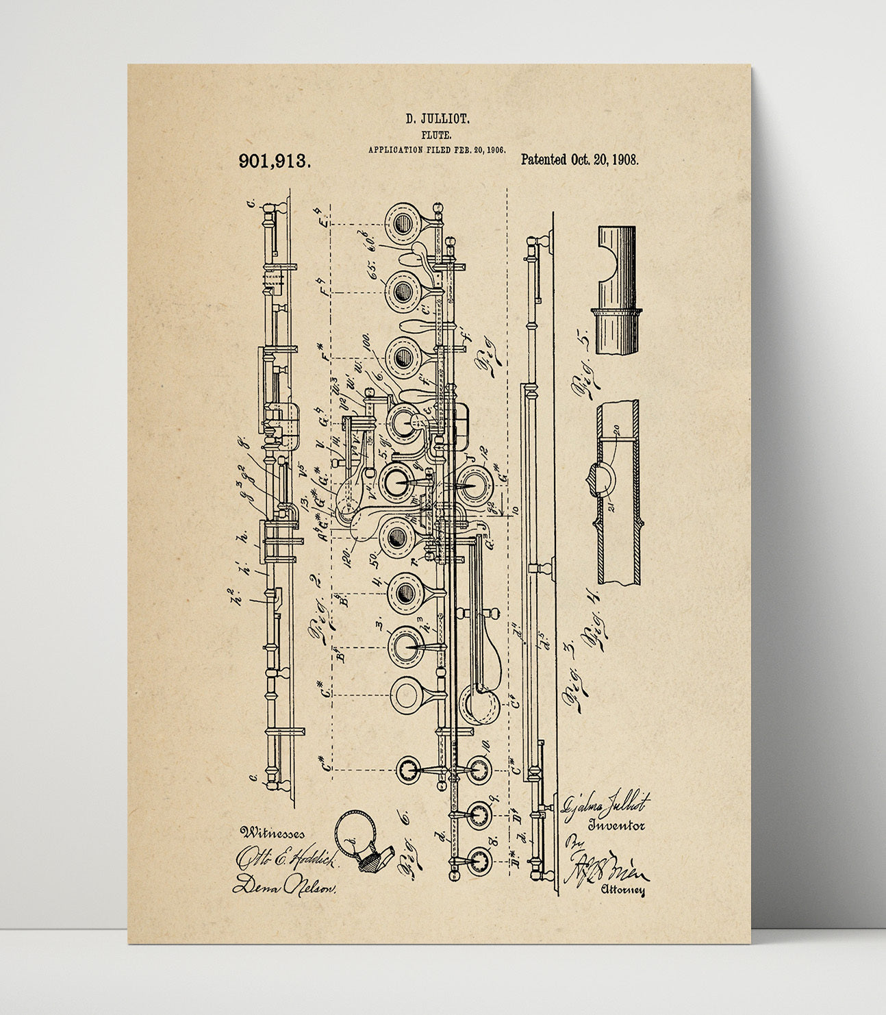 Patent Print - Flute - D. Julliot - 1908 - Patent 901913 Patent Wall Art