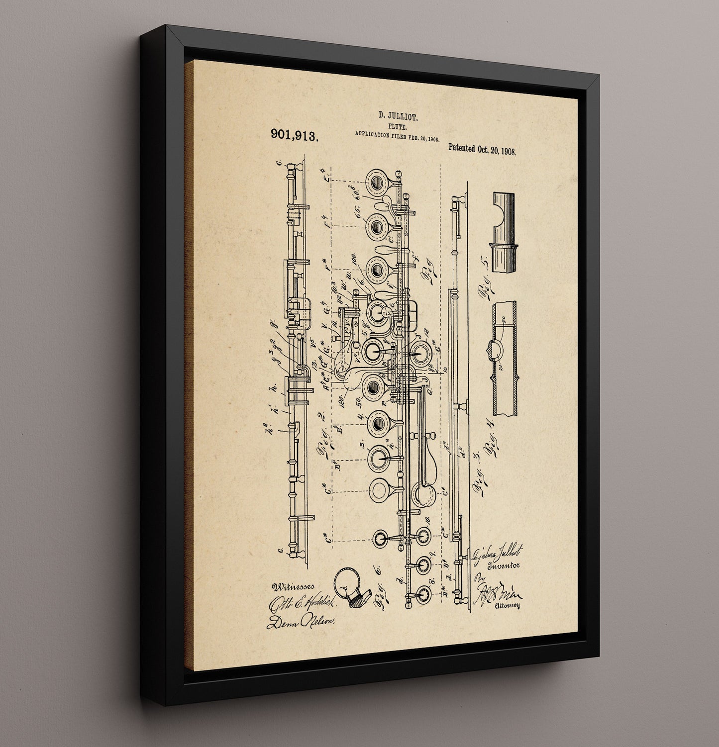 Patent Print - Flute - D. Julliot - 1908 - Patent 901913 Patent Wall Art