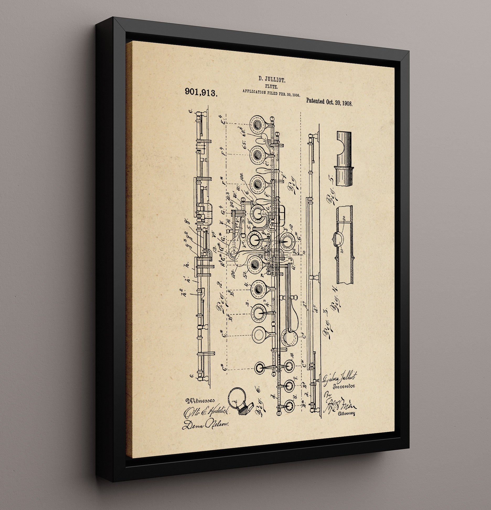 Patent Print - Flute - D. Julliot - 1908 - Patent 901913 Patent Wall Art