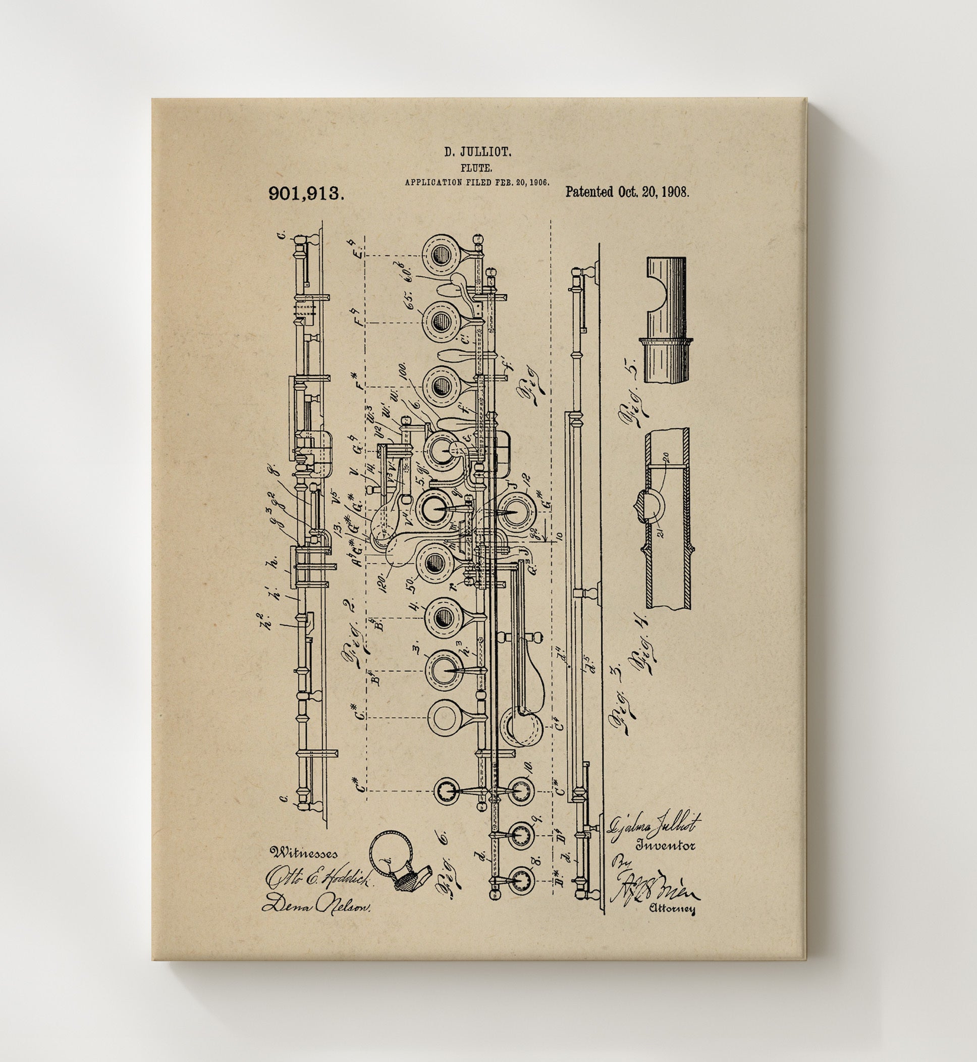 Patent Print - Flute - D. Julliot - 1908 - Patent 901913 Patent Wall Art
