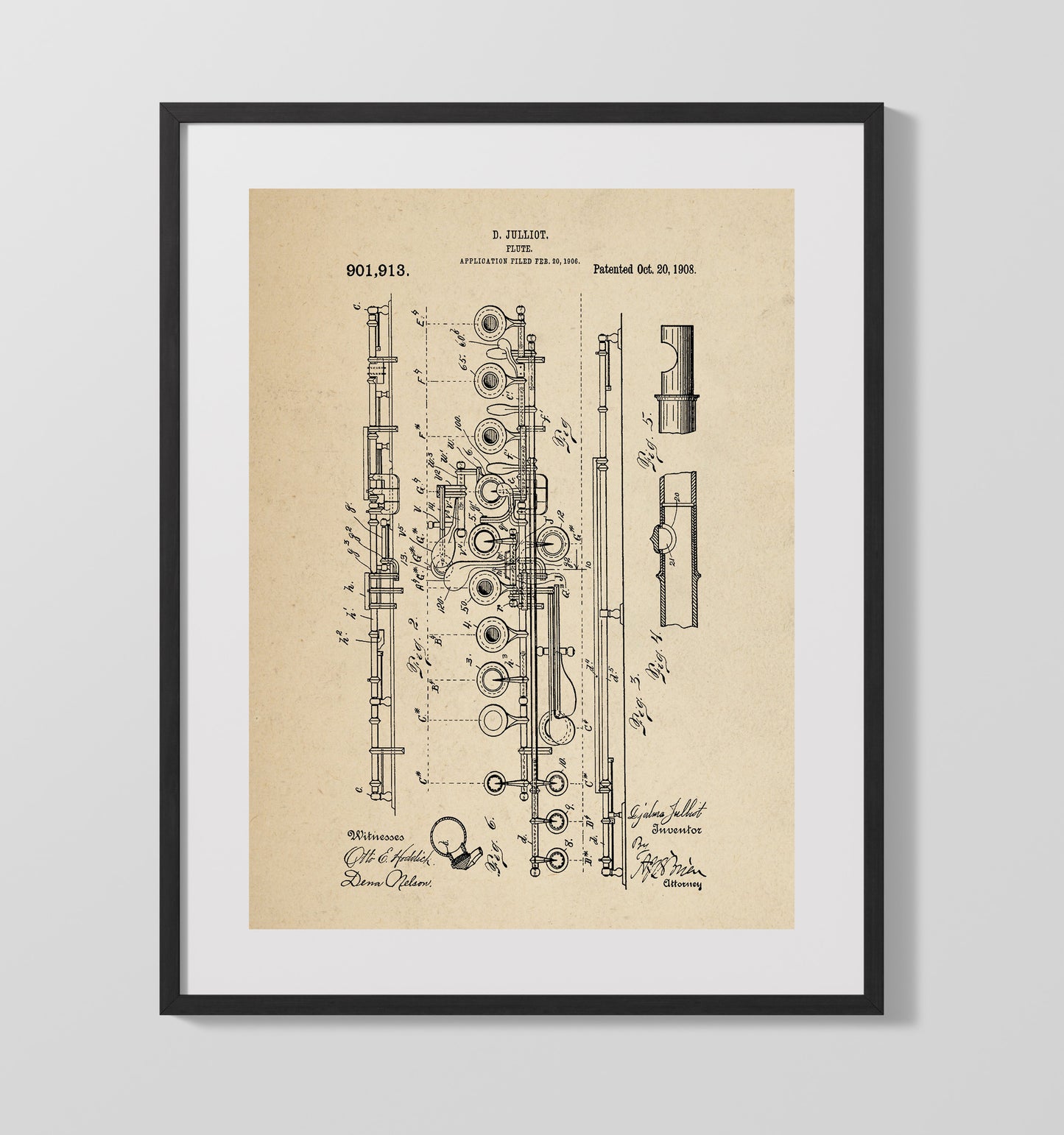 Patent Print - Flute - D. Julliot - 1908 - Patent 901913 Patent Wall Art