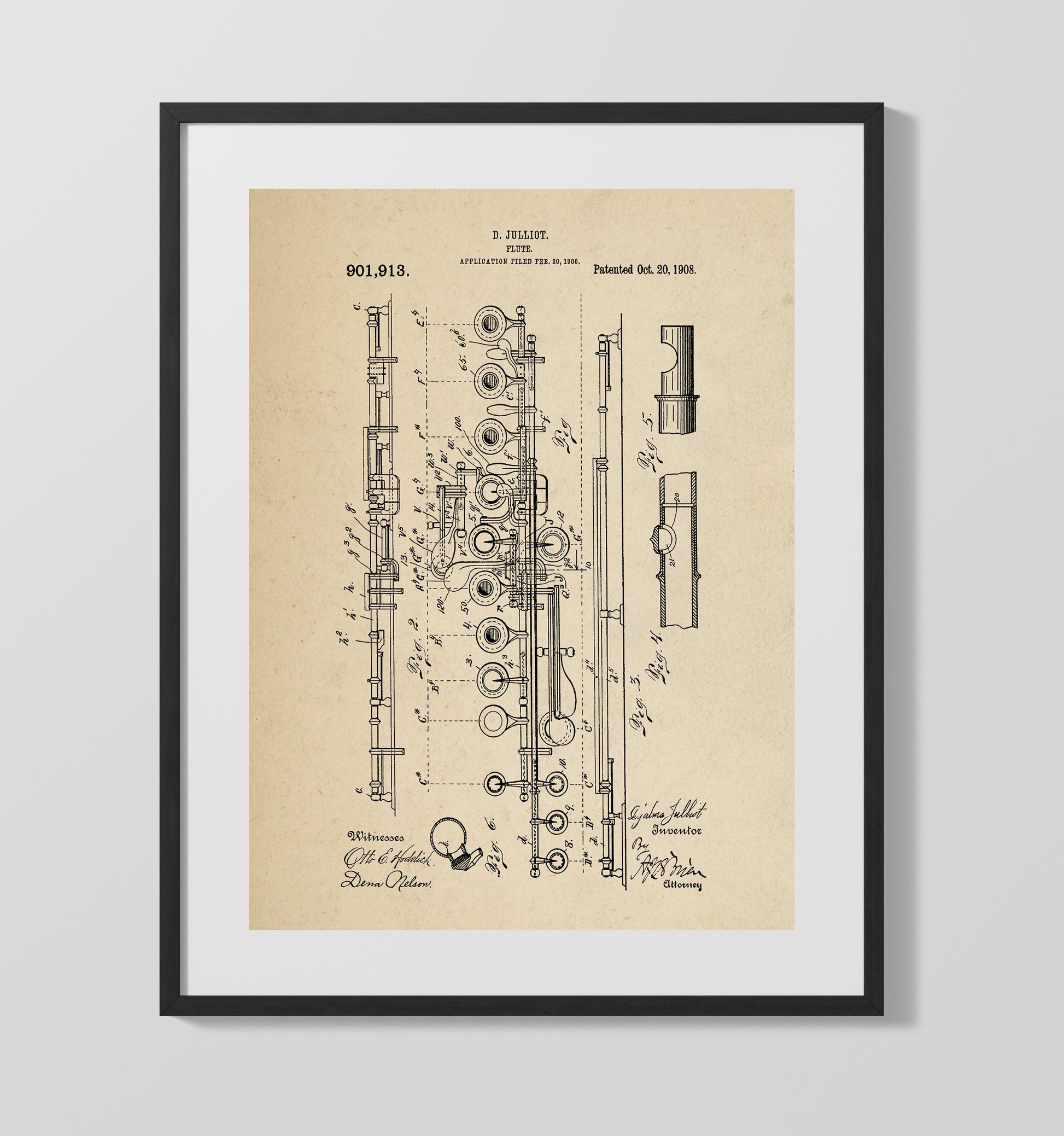Patent Print - Flute - D. Julliot - 1908 - Patent 901913 Patent Wall Art
