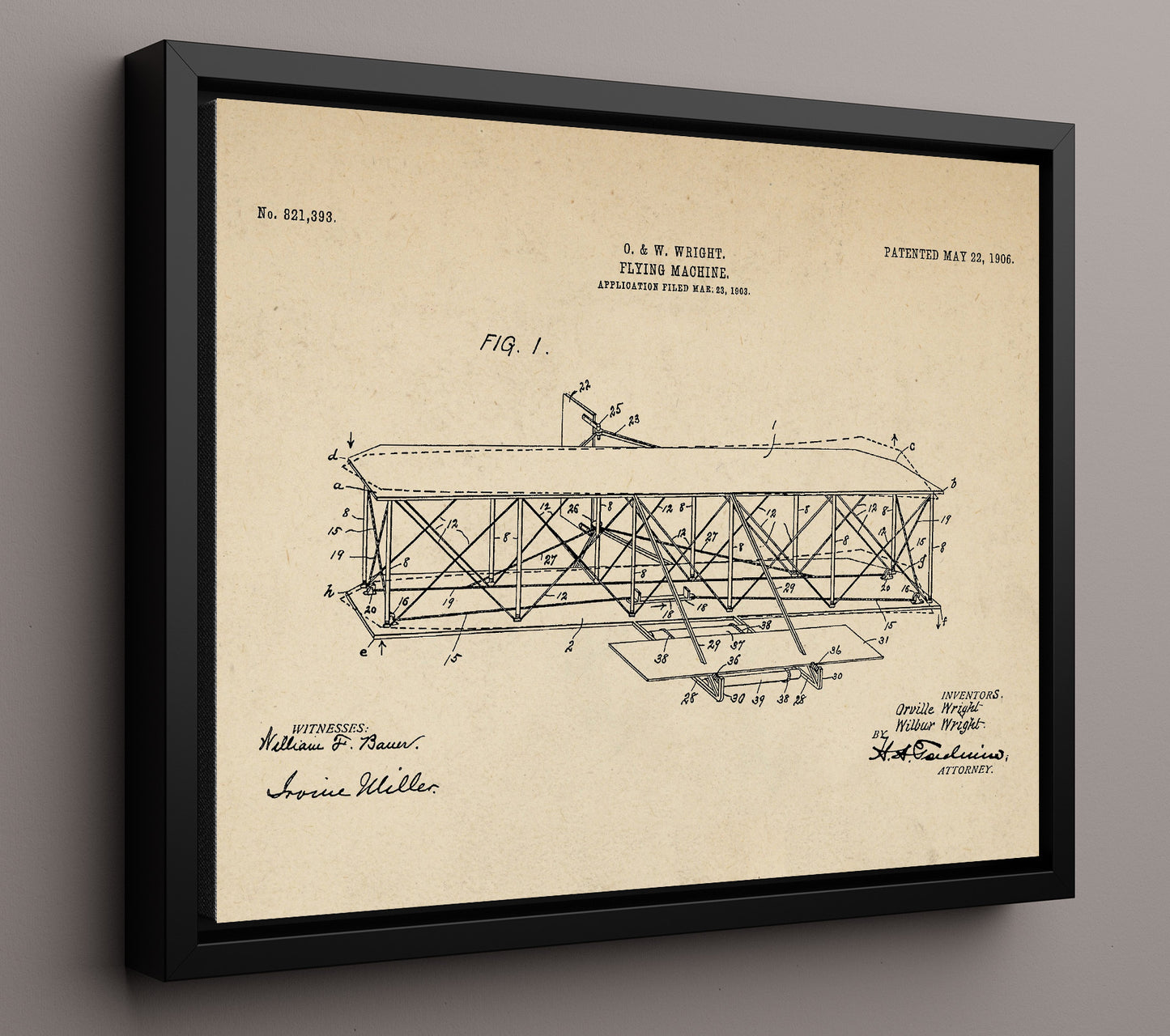 Patent Print - Flying Machine - Orville And Wilbur Wright - 1906 - Patent 821393 - Landscape Patent Wall Art