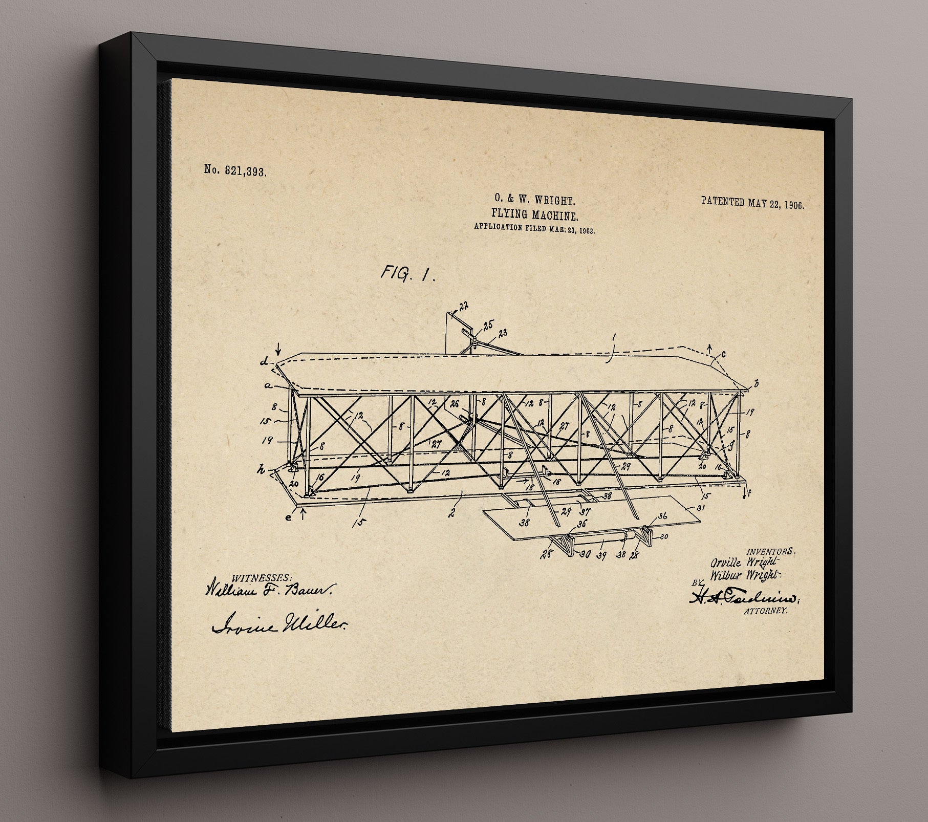 Patent Print - Flying Machine - Orville And Wilbur Wright - 1906 - Patent 821393 - Landscape Patent Wall Art
