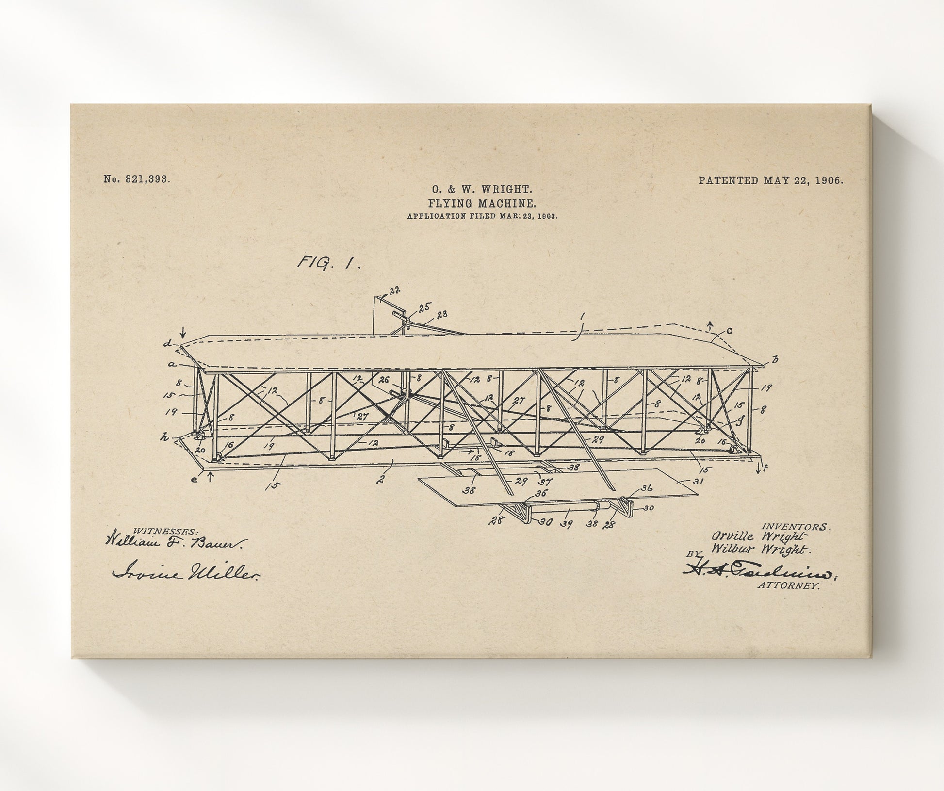 Patent Print - Flying Machine - Orville And Wilbur Wright - 1906 - Patent 821393 - Landscape Patent Wall Art