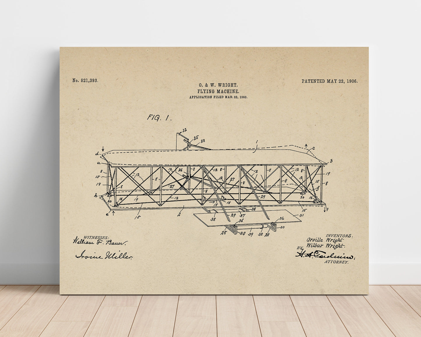 Patent Print - Flying Machine - Orville And Wilbur Wright - 1906 - Patent 821393 - Landscape Patent Wall Art