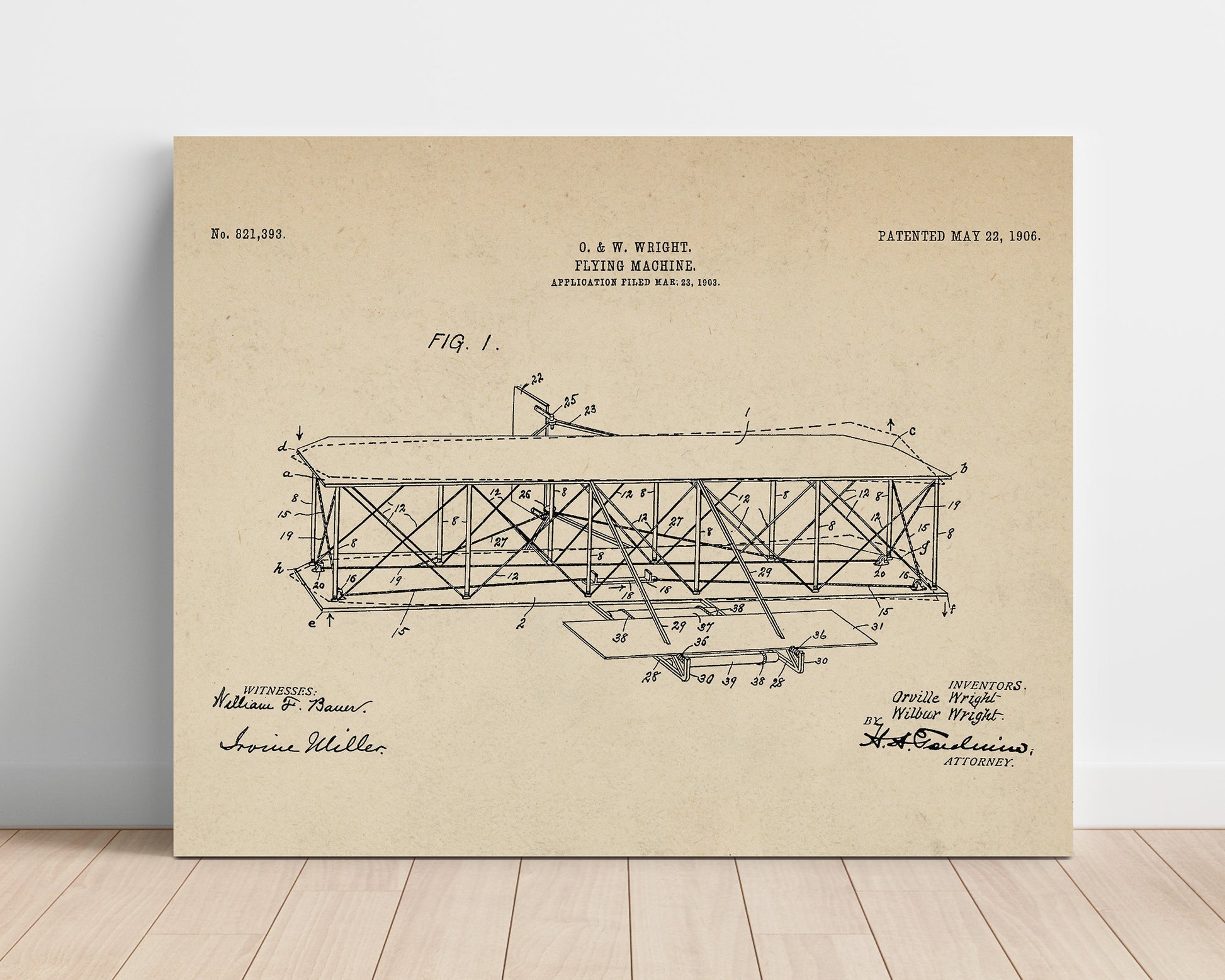 Patent Print - Flying Machine - Orville And Wilbur Wright - 1906 - Patent 821393 - Landscape Patent Wall Art
