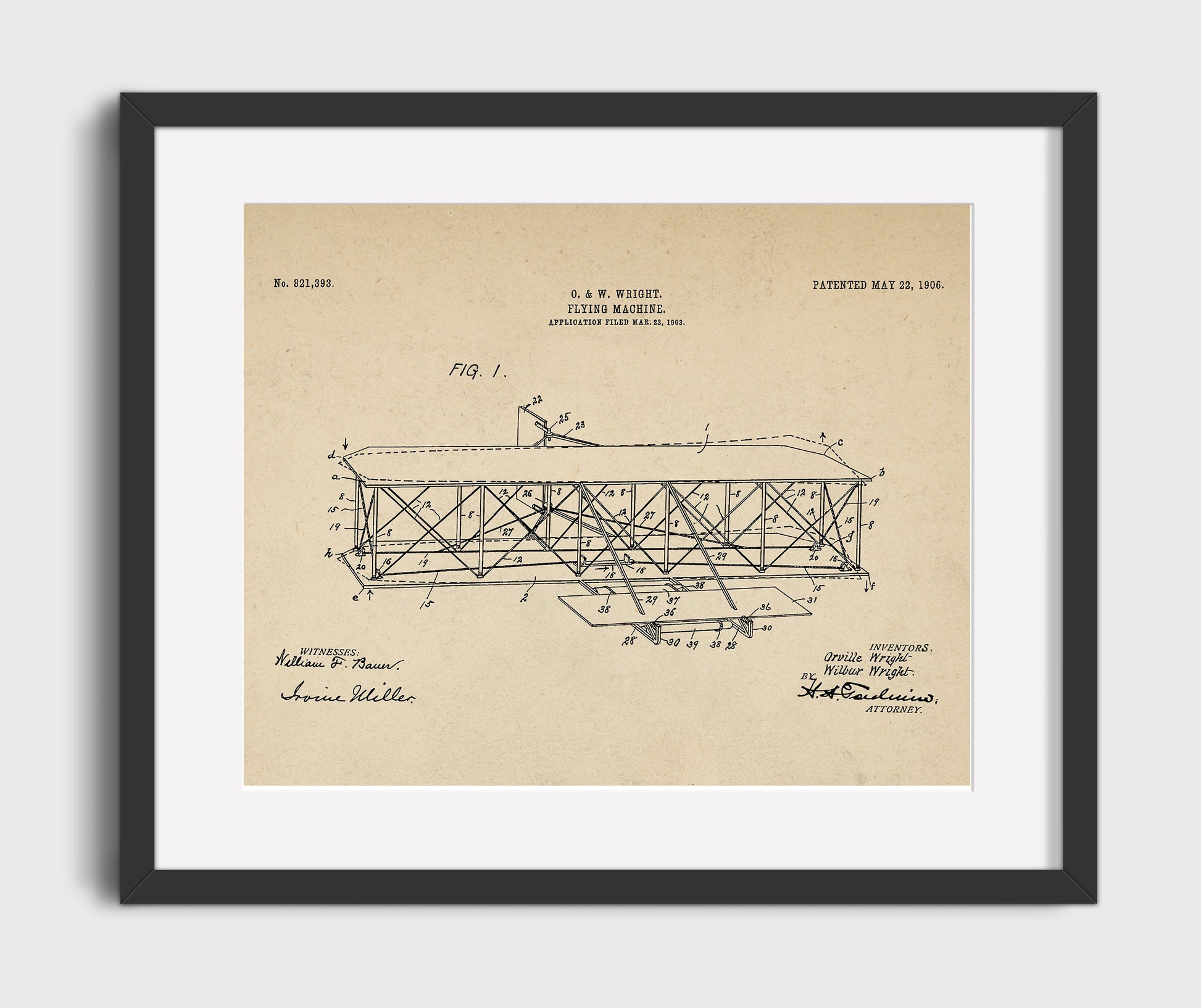 Patent Print - Flying Machine - Orville And Wilbur Wright - 1906 - Patent 821393 - Landscape Patent Wall Art