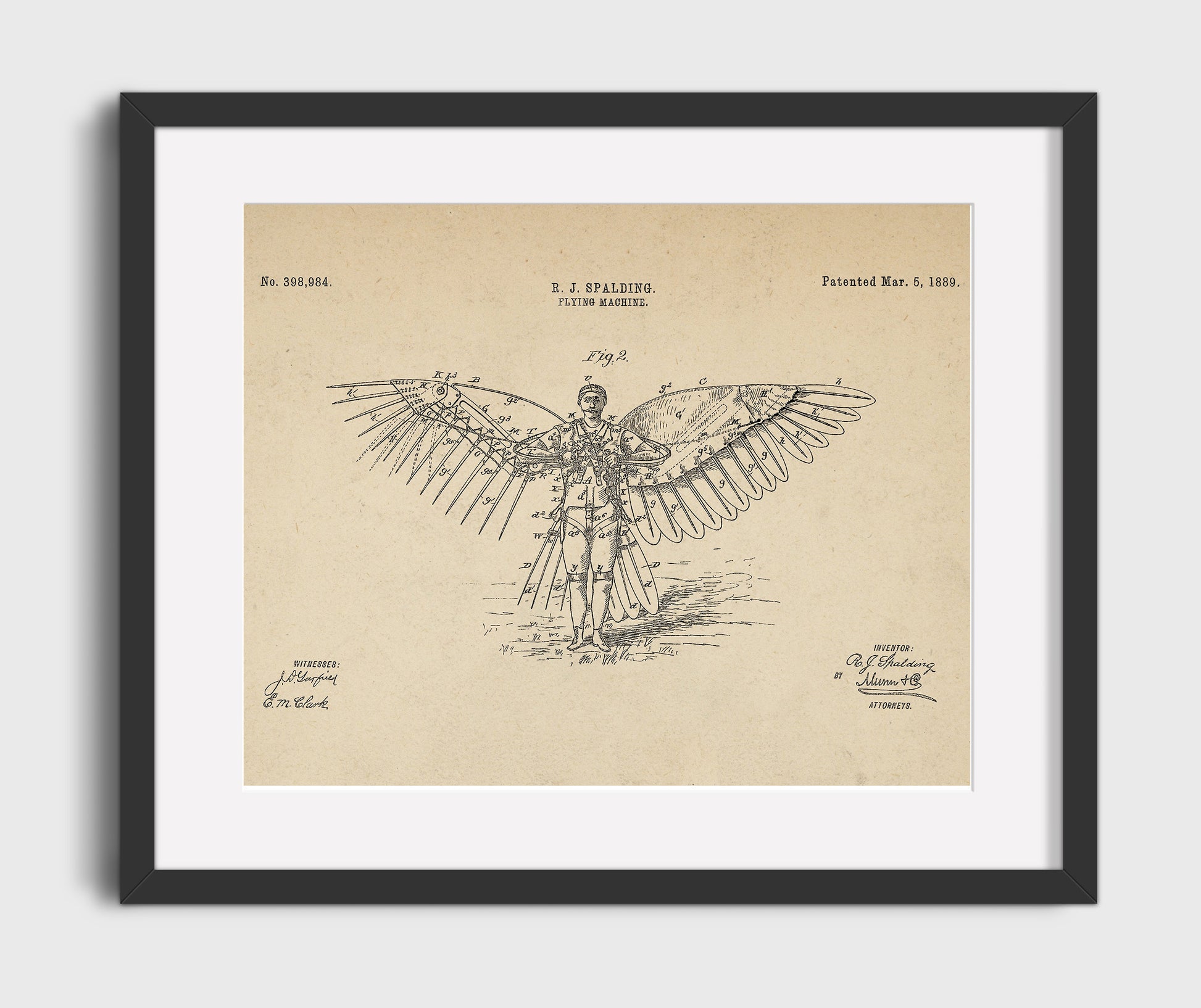 Patent Print - Flying Machine - R J Spalding - 1889 - Patent 398984 - Landscape Patent Wall Art