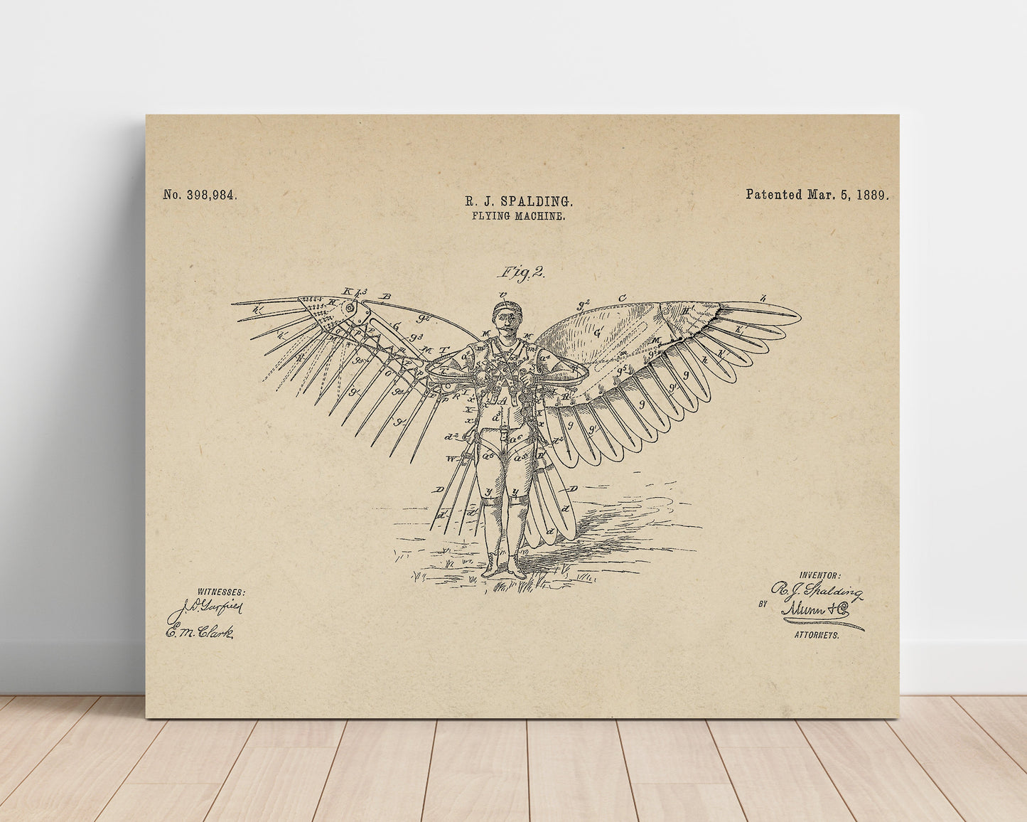 Patent Print - Flying Machine - R J Spalding - 1889 - Patent 398984 - Landscape Patent Wall Art