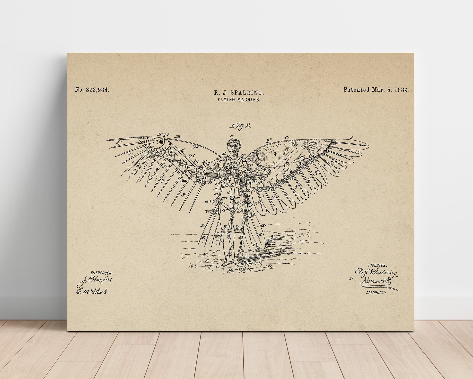 Patent Print - Flying Machine - R J Spalding - 1889 - Patent 398984 - Landscape Patent Wall Art
