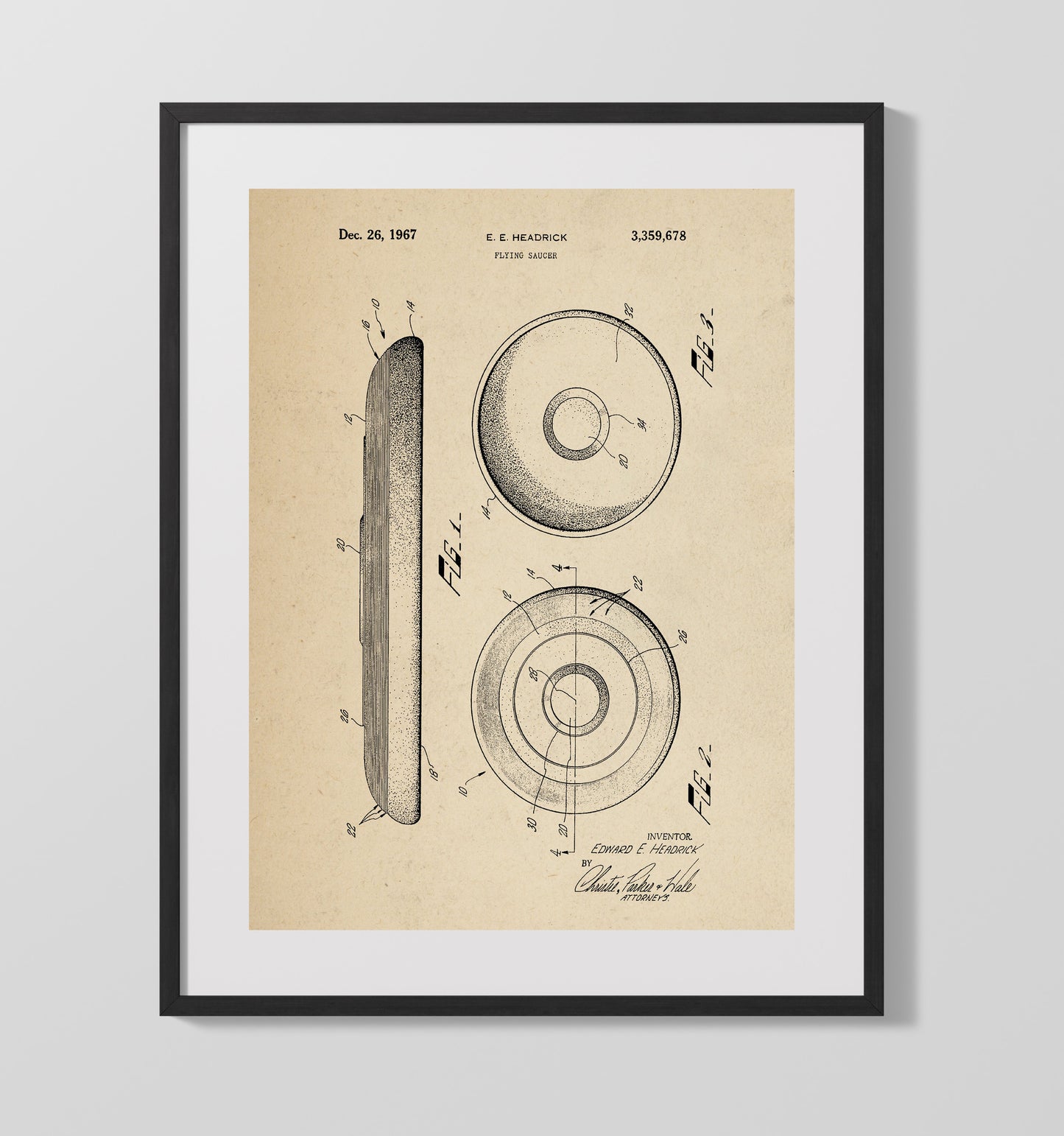 Patent Print - Flying Saucer Frisbee - Edward E Headrick - 1967 - Patent 3359678 Patent Wall Art