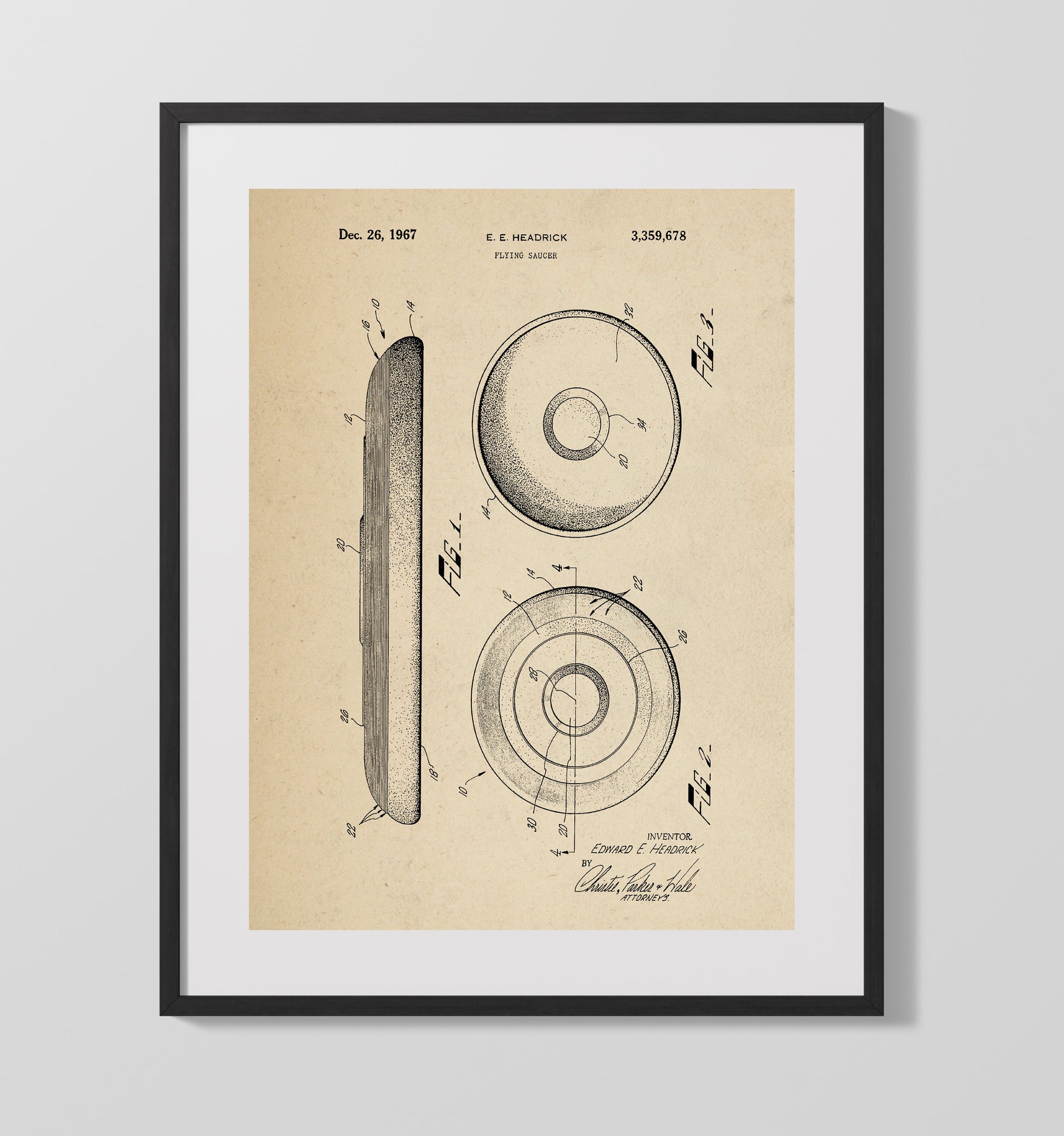 Patent Print - Flying Saucer Frisbee - Edward E Headrick - 1967 - Patent 3359678 Patent Wall Art