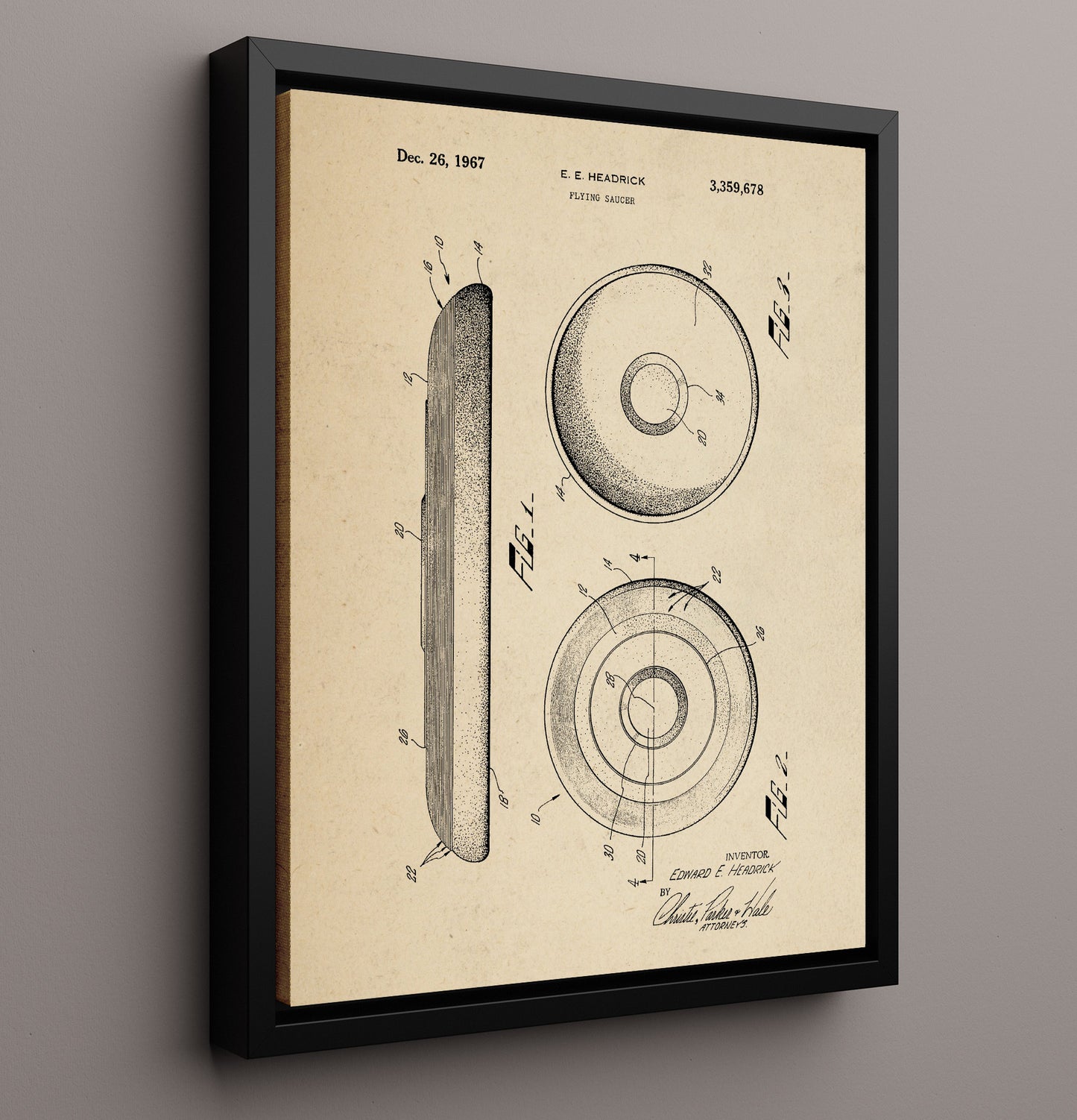 Patent Print - Flying Saucer Frisbee - Edward E Headrick - 1967 - Patent 3359678 Patent Wall Art