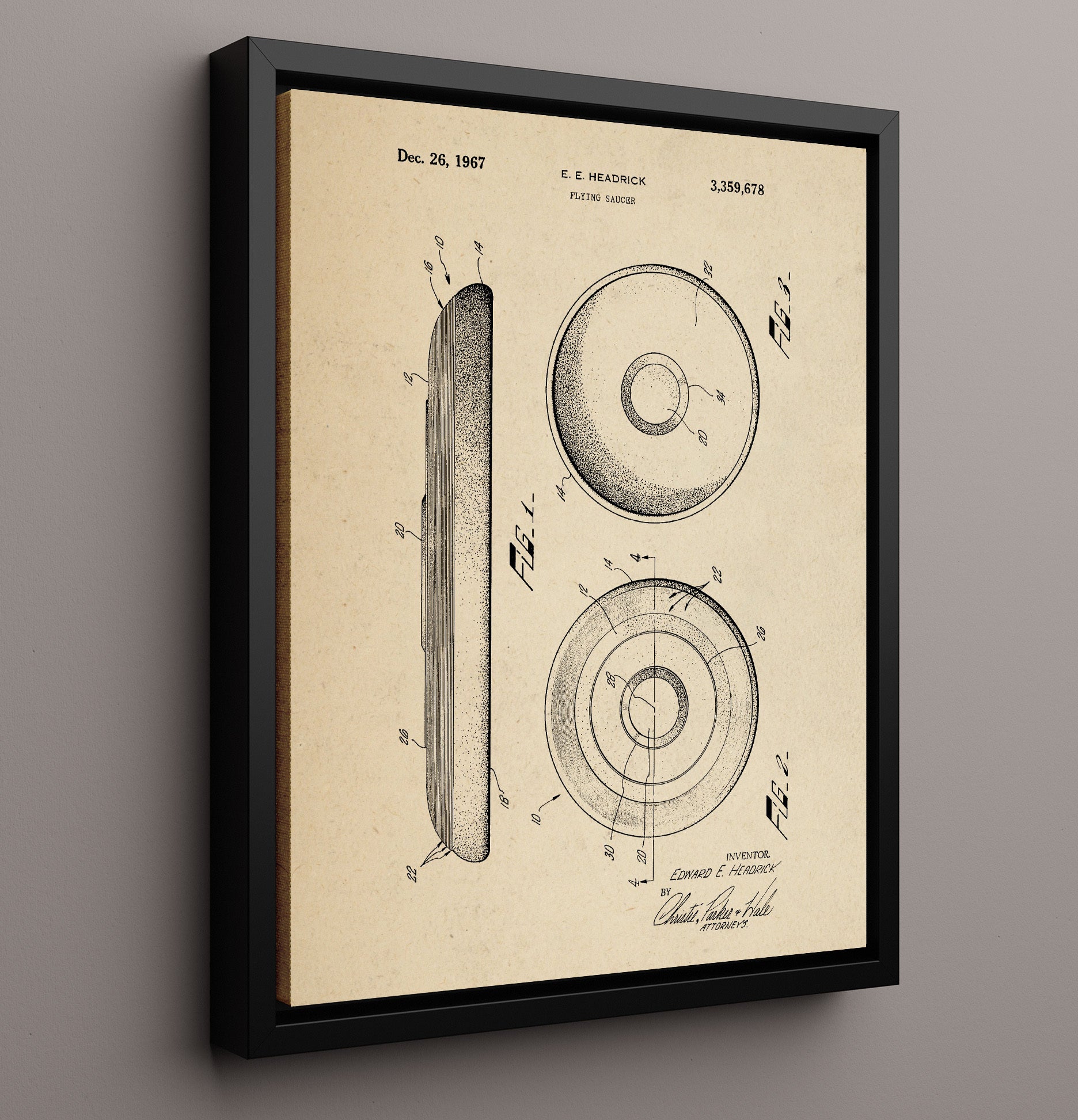 Patent Print - Flying Saucer Frisbee - Edward E Headrick - 1967 - Patent 3359678 Patent Wall Art