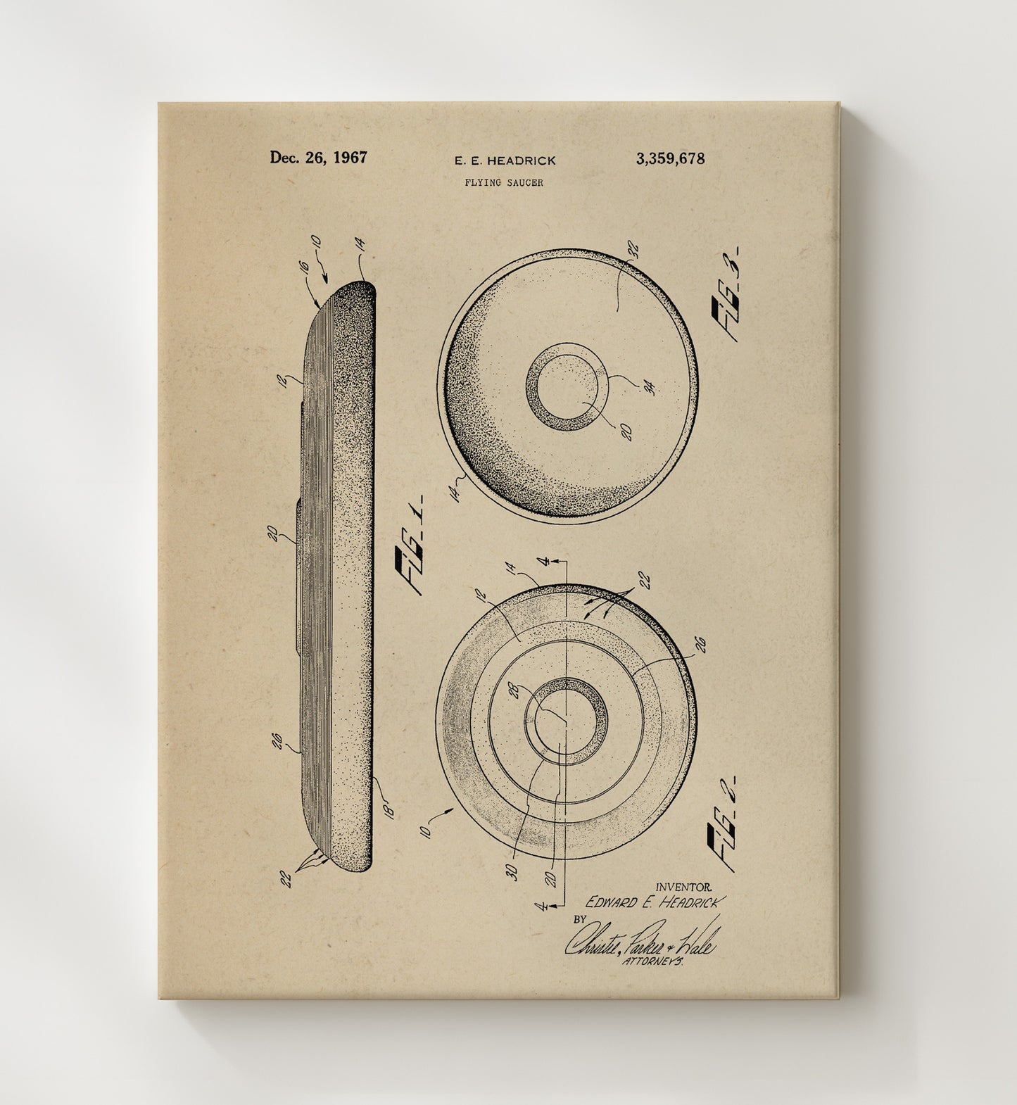Patent Print - Flying Saucer Frisbee - Edward E Headrick - 1967 - Patent 3359678 Patent Wall Art