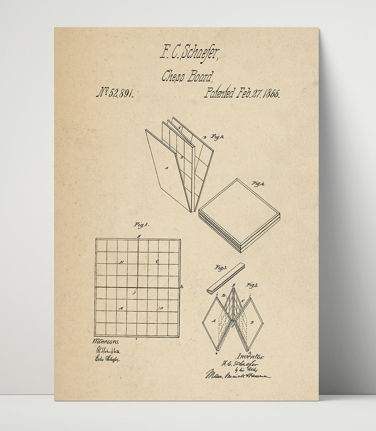 Patent Print - Folding Chess Board - F C Schaefer - 1866 - Patent 52891 Patent Wall Art