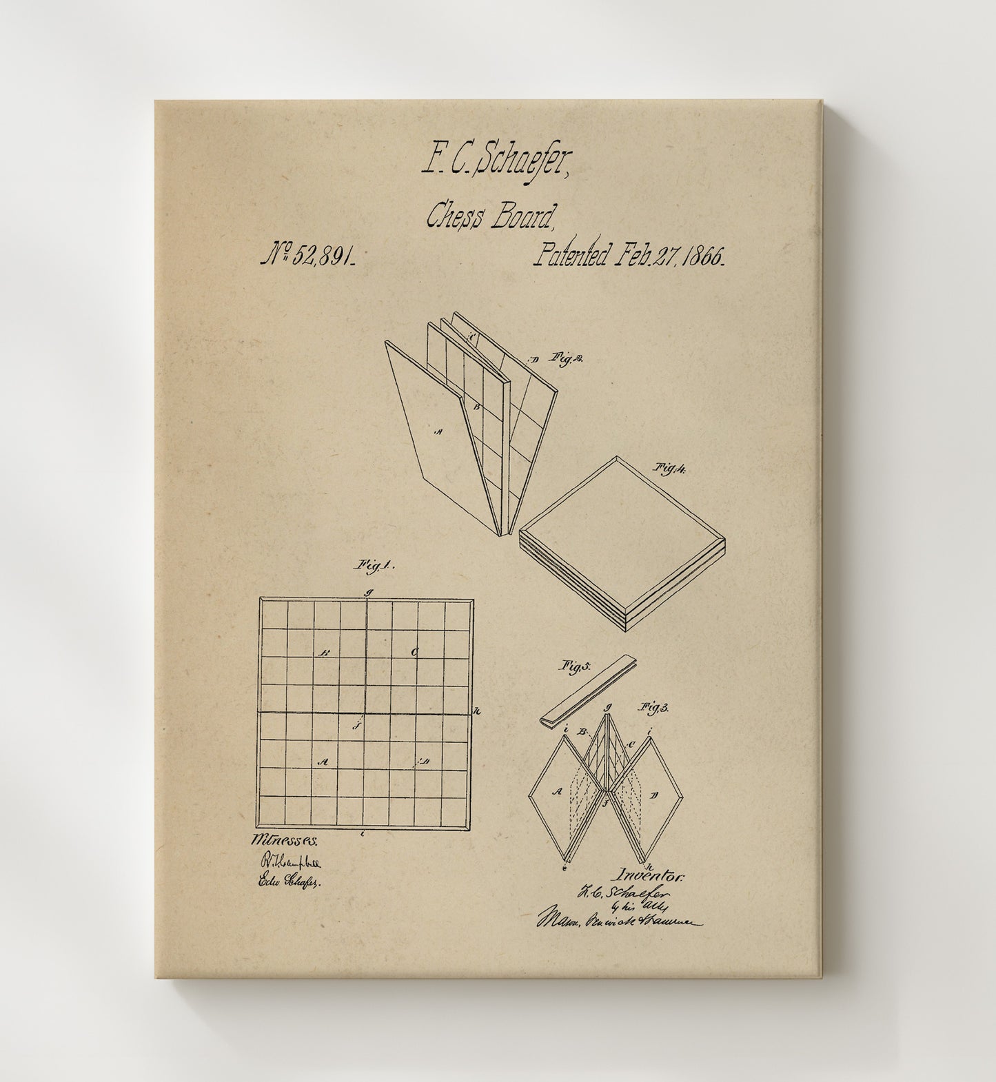 Patent Print - Folding Chess Board - F C Schaefer - 1866 - Patent 52891 Patent Wall Art