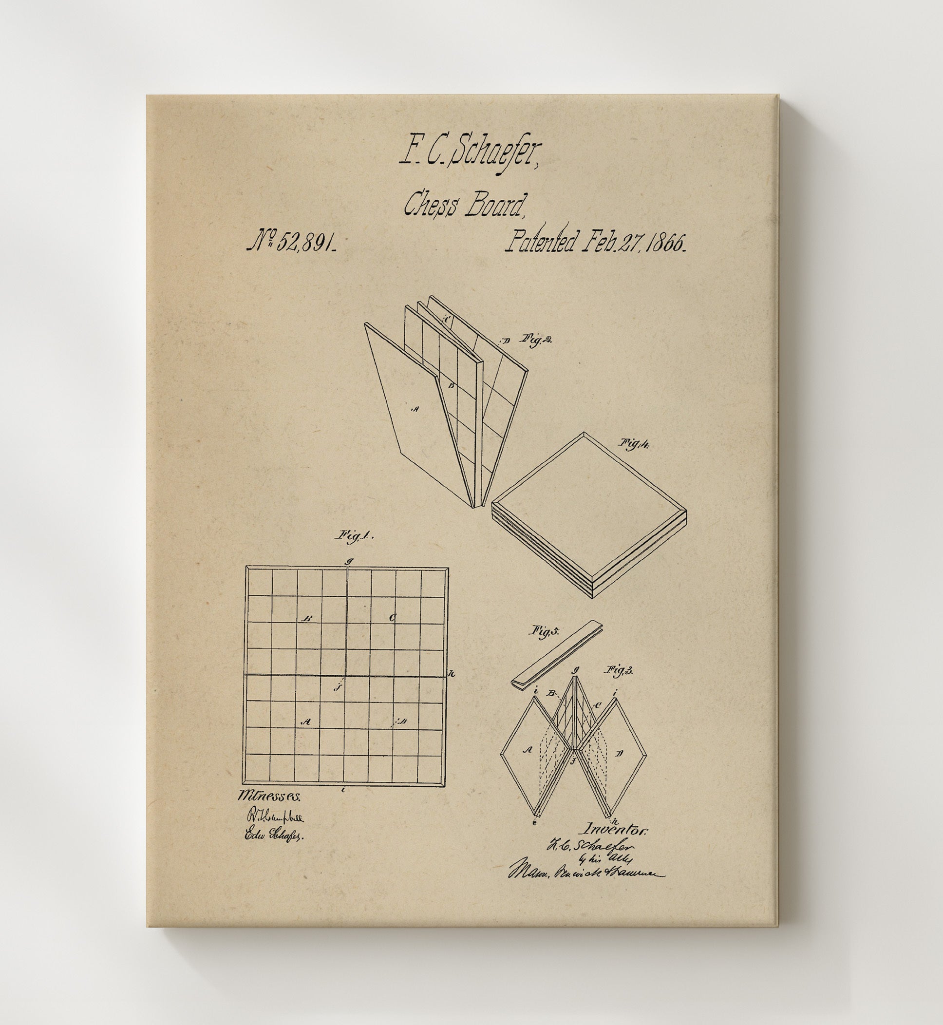 Patent Print - Folding Chess Board - F C Schaefer - 1866 - Patent 52891 Patent Wall Art