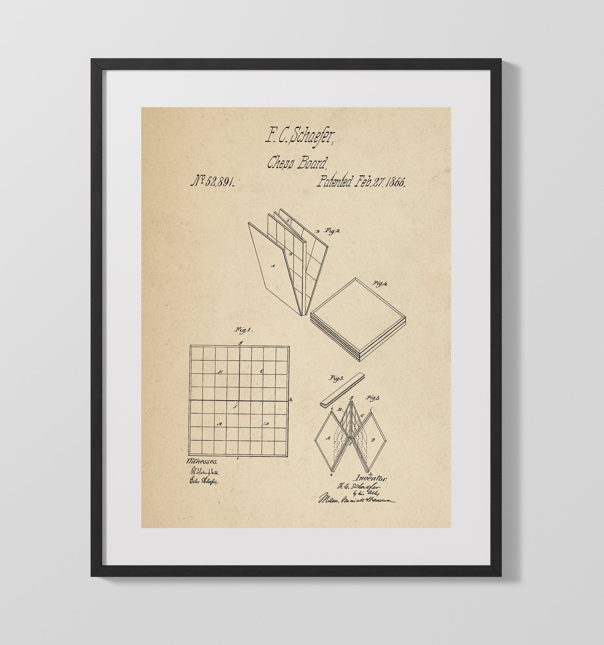 Patent Print - Folding Chess Board - F C Schaefer - 1866 - Patent 52891 Patent Wall Art