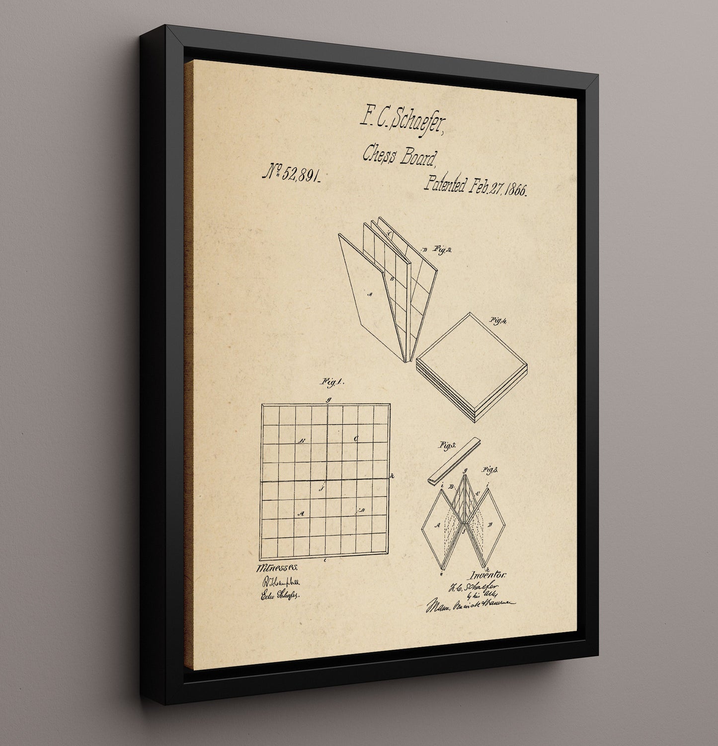 Patent Print - Folding Chess Board - F C Schaefer - 1866 - Patent 52891 Patent Wall Art