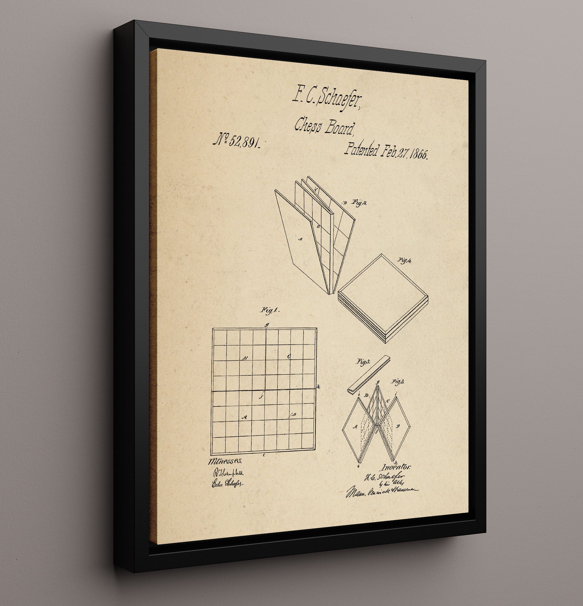 Patent Print - Folding Chess Board - F C Schaefer - 1866 - Patent 52891 Patent Wall Art