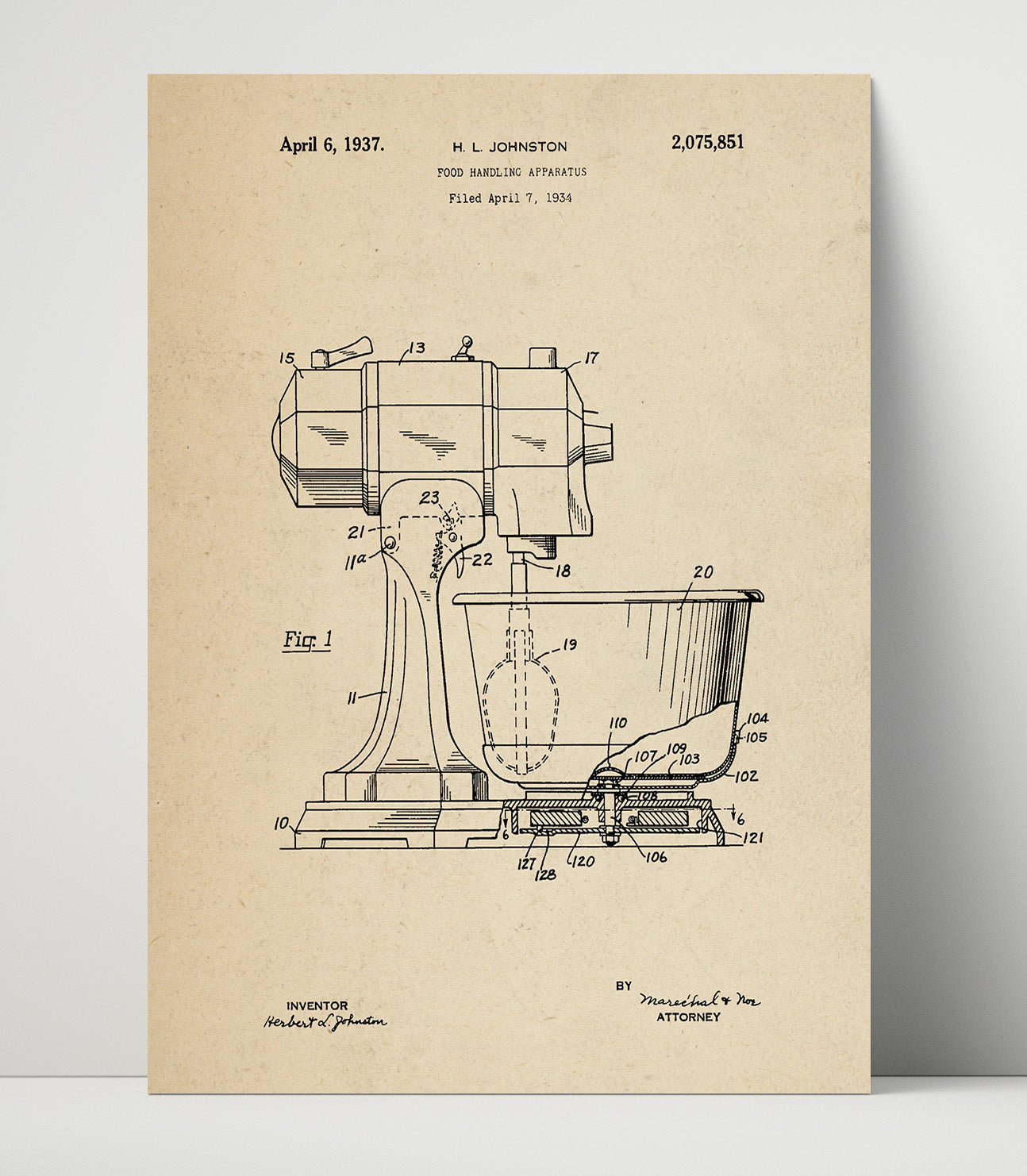 Patent Print - Food Handling Apparatus - H.L. Johnston - 1937 - Patent 2075851 Patent Wall Art