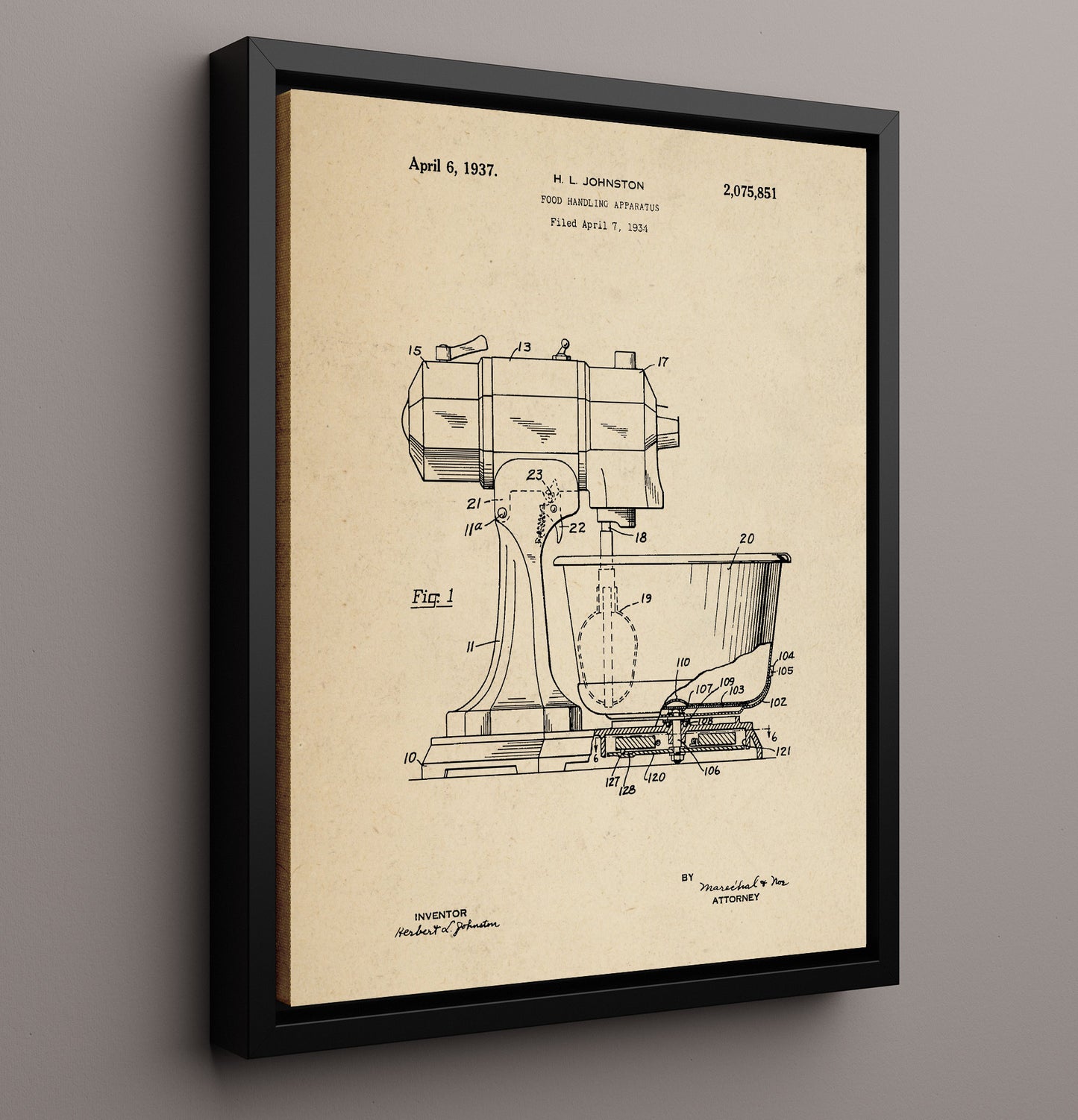 Patent Print - Food Handling Apparatus - H.L. Johnston - 1937 - Patent 2075851 Patent Wall Art