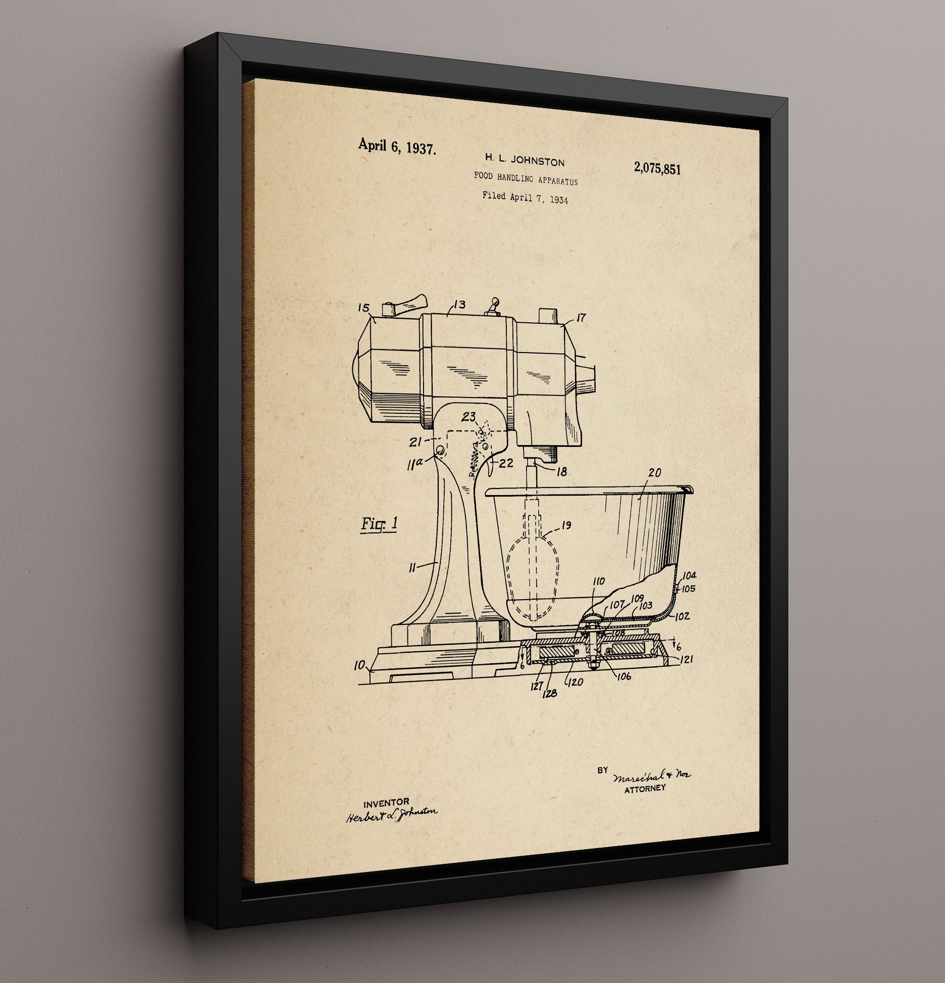 Patent Print - Food Handling Apparatus - H.L. Johnston - 1937 - Patent 2075851 Patent Wall Art