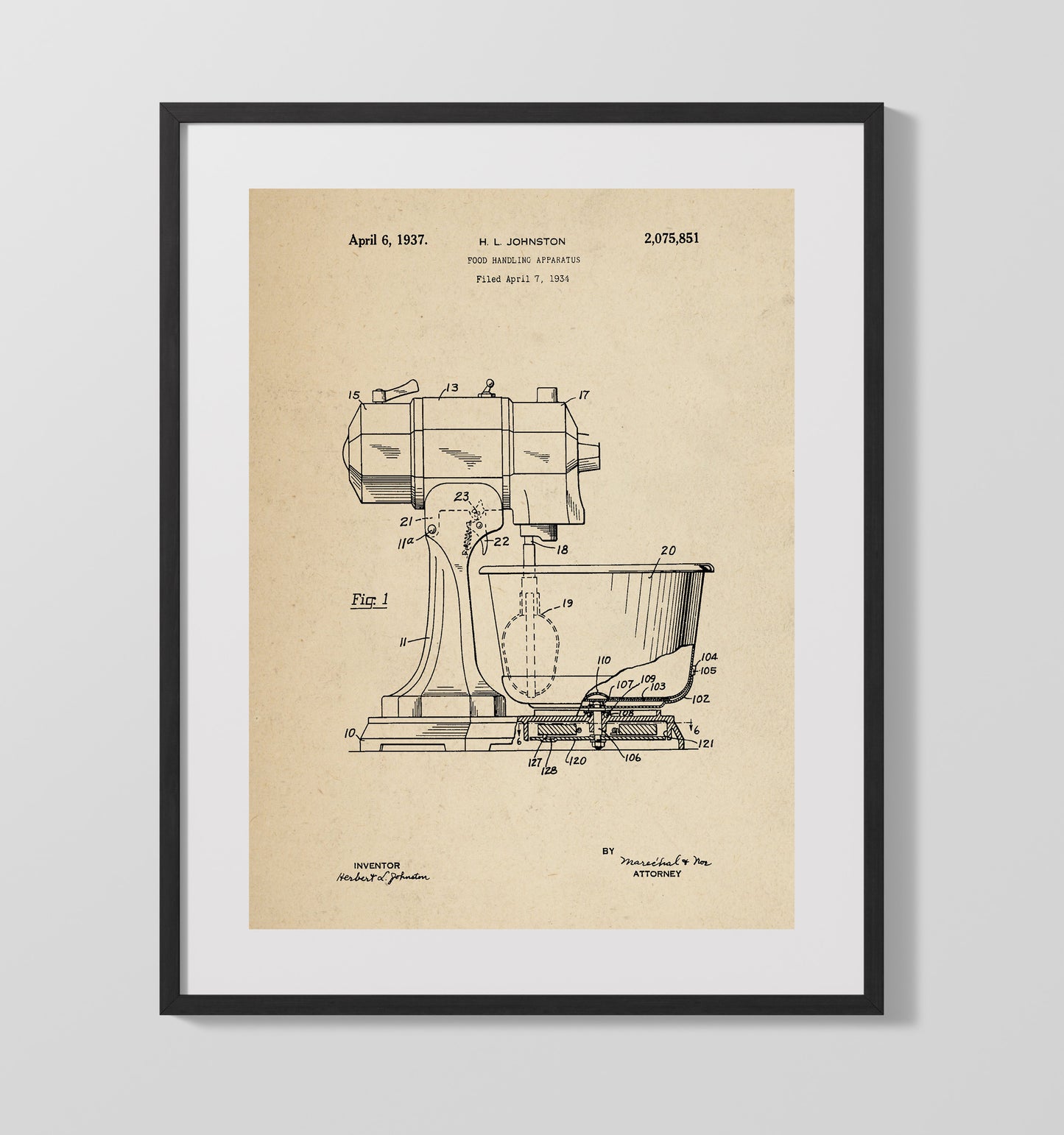 Patent Print - Food Handling Apparatus - H.L. Johnston - 1937 - Patent 2075851 Patent Wall Art