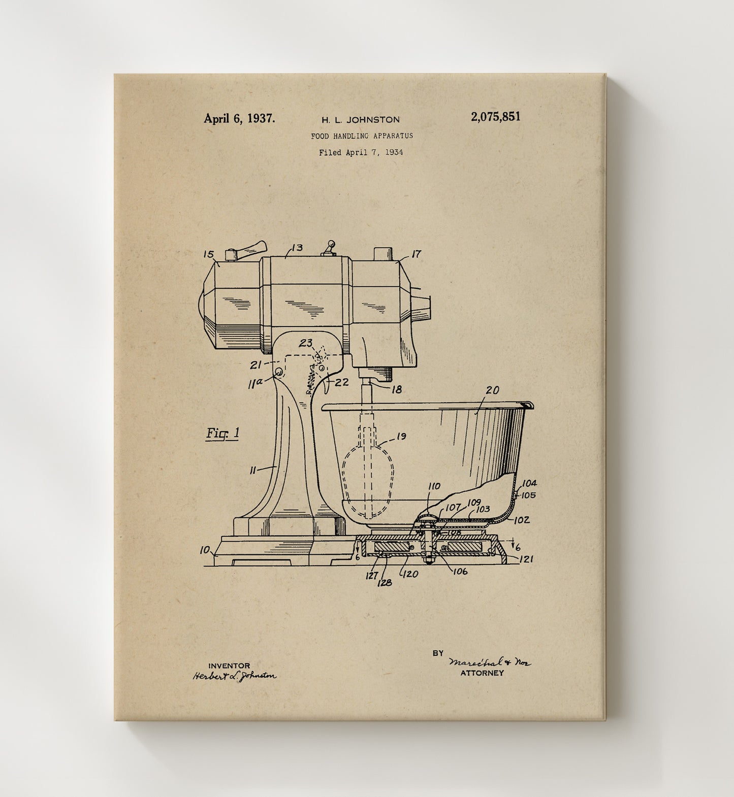 Patent Print - Food Handling Apparatus - H.L. Johnston - 1937 - Patent 2075851 Patent Wall Art