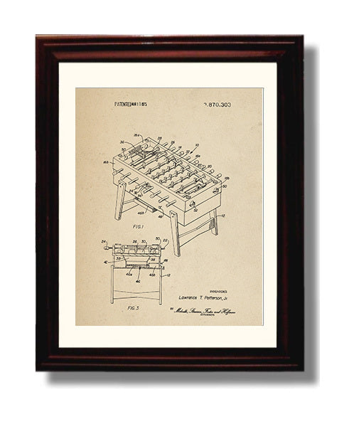 Patent Print - Foosball Table Game - Lawrence T Patterson Jr - 1975 - Patent 3870303 Patent Wall Art