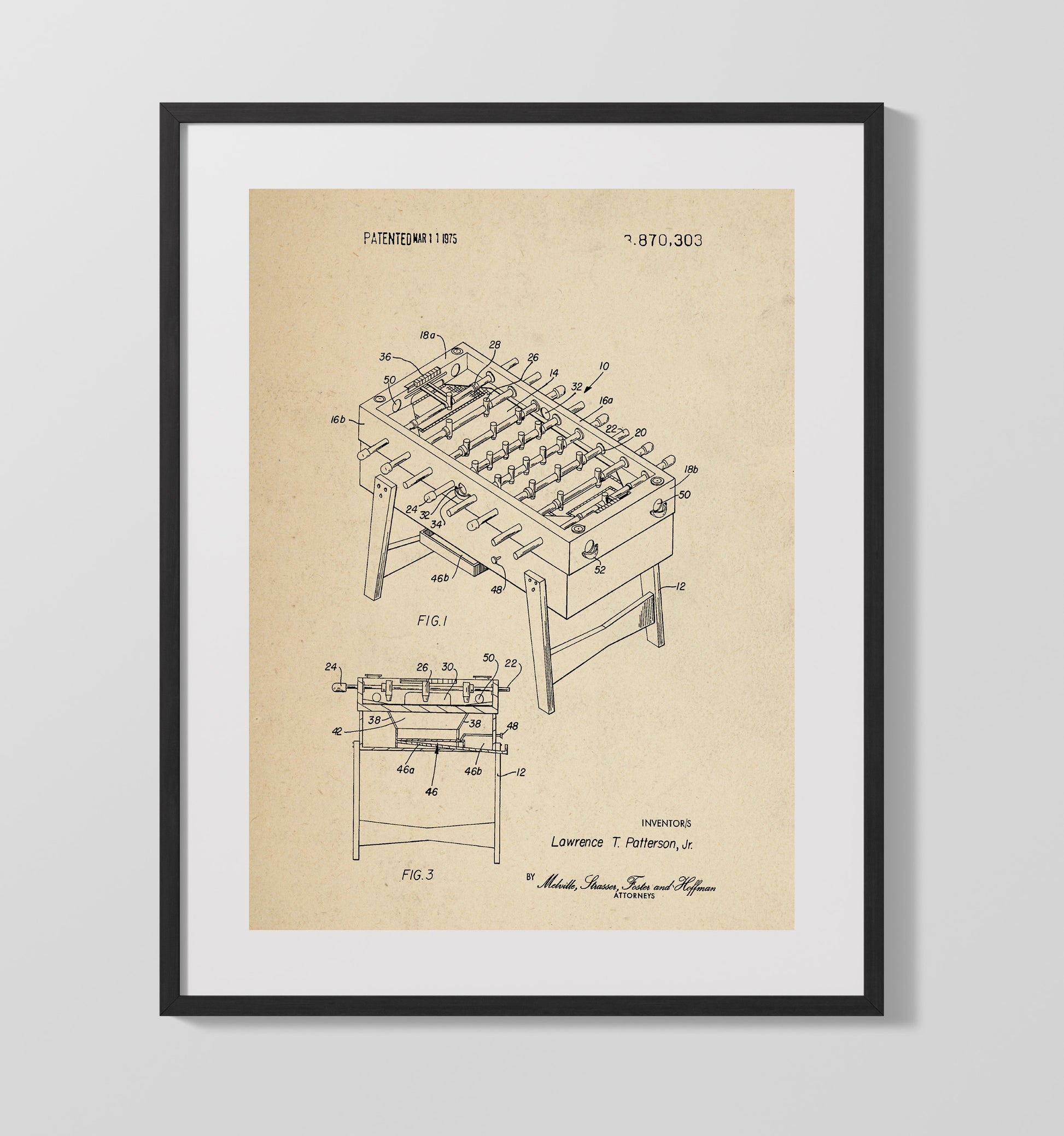 Patent Print - Foosball Table Game - Lawrence T Patterson Jr - 1975 - Patent 3870303 Patent Wall Art