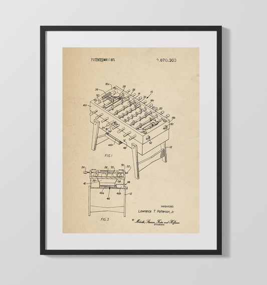 Foosball Table Game - 1975 Patent - 16x20 Gallery Frame