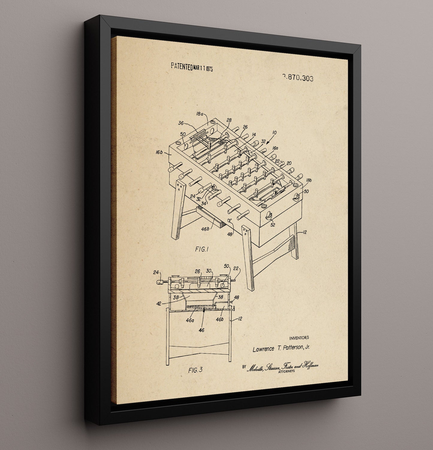 Patent Print - Foosball Table Game - Lawrence T Patterson Jr - 1975 - Patent 3870303 Patent Wall Art