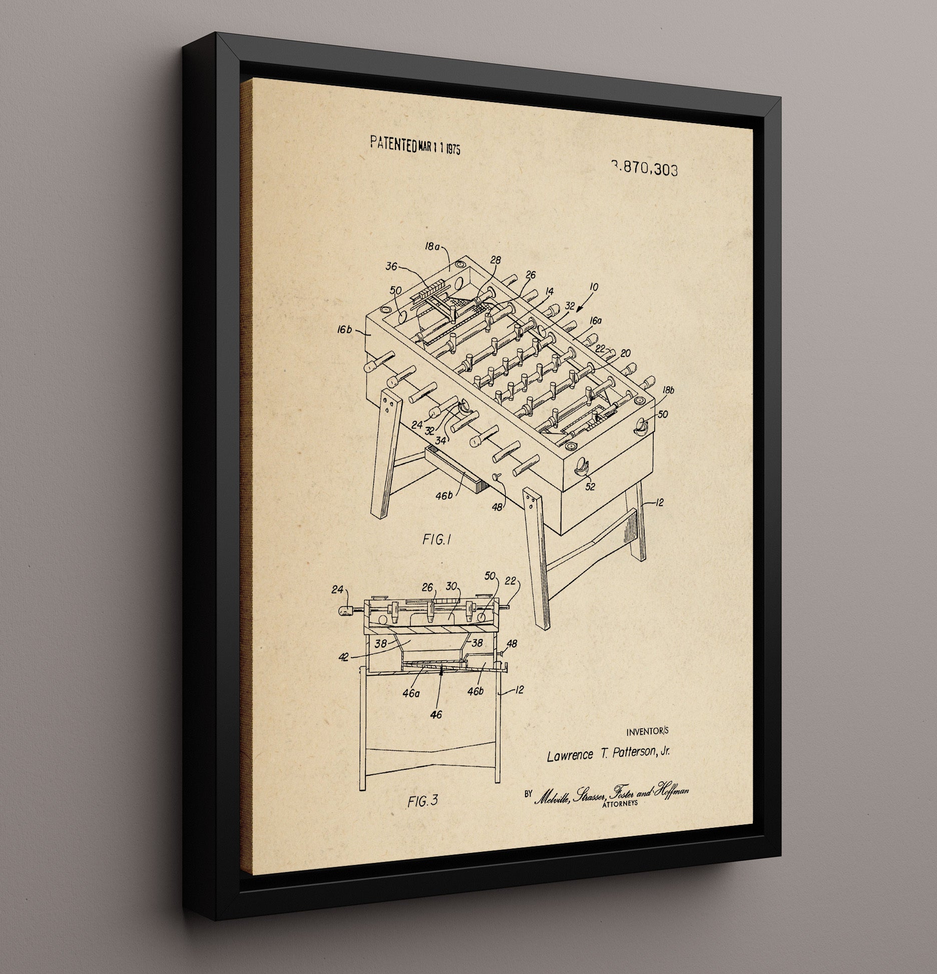 Patent Print - Foosball Table Game - Lawrence T Patterson Jr - 1975 - Patent 3870303 Patent Wall Art