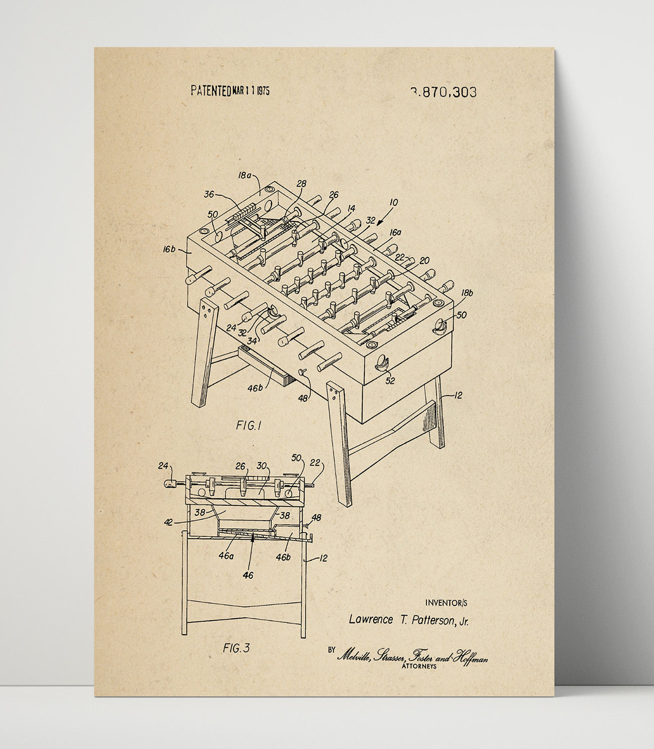 Patent Print - Foosball Table Game - Lawrence T Patterson Jr - 1975 - Patent 3870303 Patent Wall Art