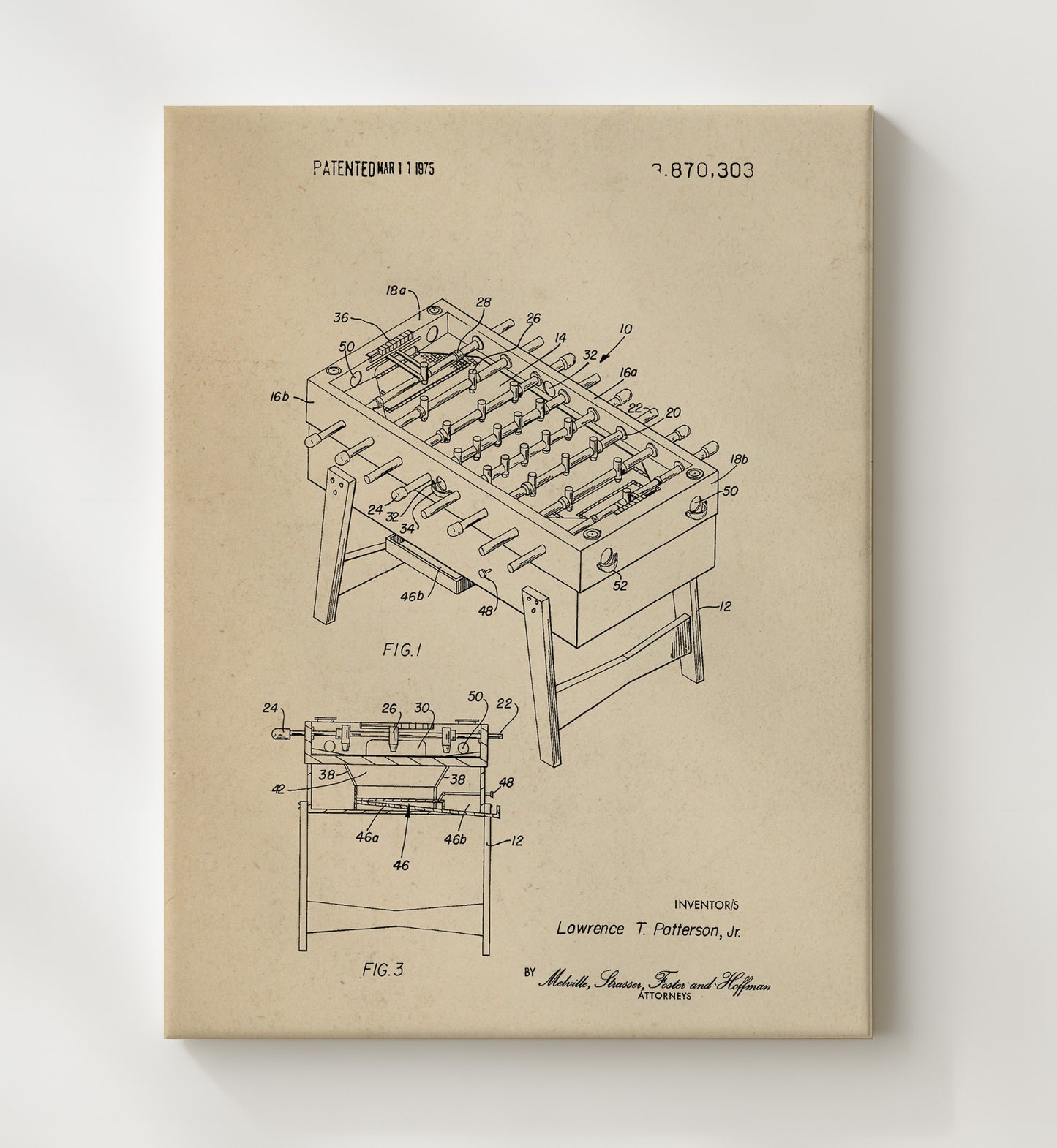 Patent Print - Foosball Table Game - Lawrence T Patterson Jr - 1975 - Patent 3870303 Patent Wall Art