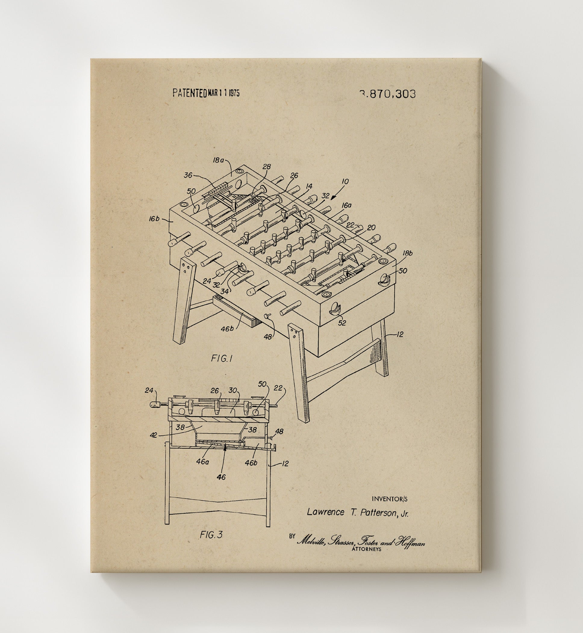 Patent Print - Foosball Table Game - Lawrence T Patterson Jr - 1975 - Patent 3870303 Patent Wall Art