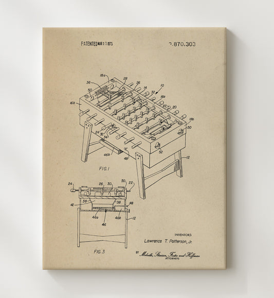 Foosball Table Game 1975 patent print wall art 8x10 Canvas