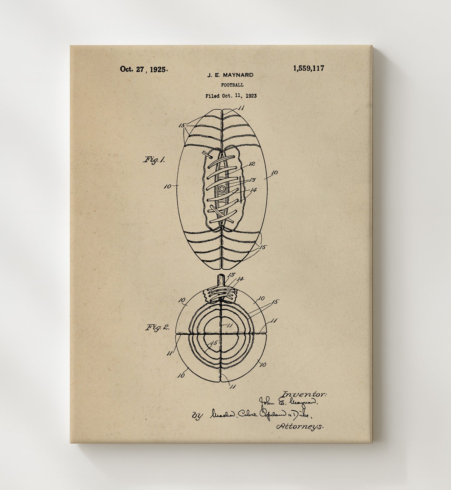 Patent Print - Football - J E Maynard - 1925 - Patent 1559117 Patent Wall Art
