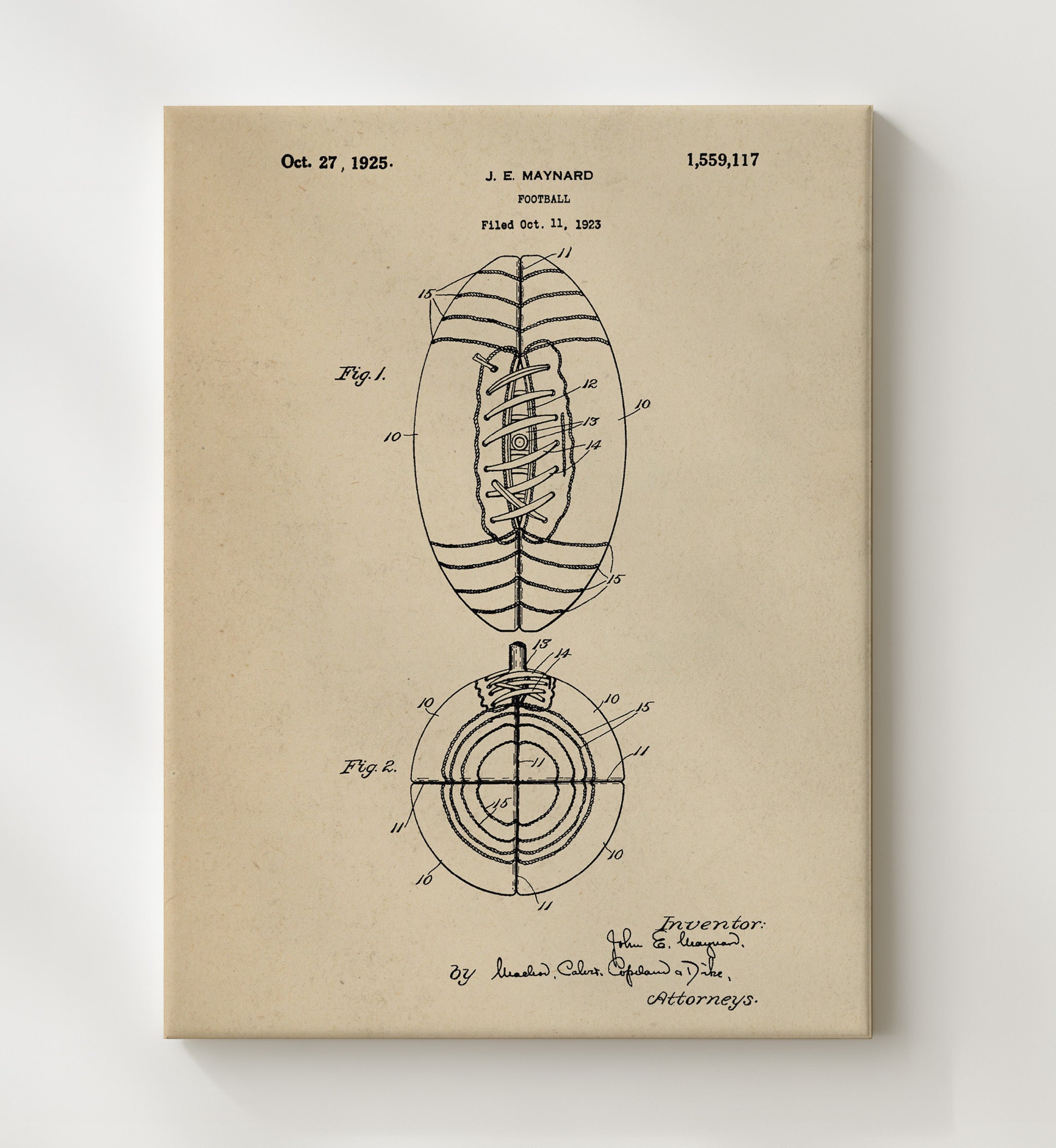 Patent Print - Football - J E Maynard - 1925 - Patent 1559117 Patent Wall Art