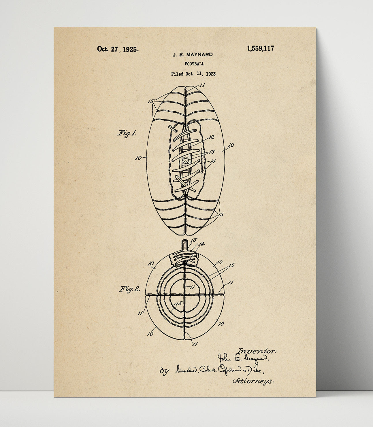 Patent Print - Football - J E Maynard - 1925 - Patent 1559117 Patent Wall Art