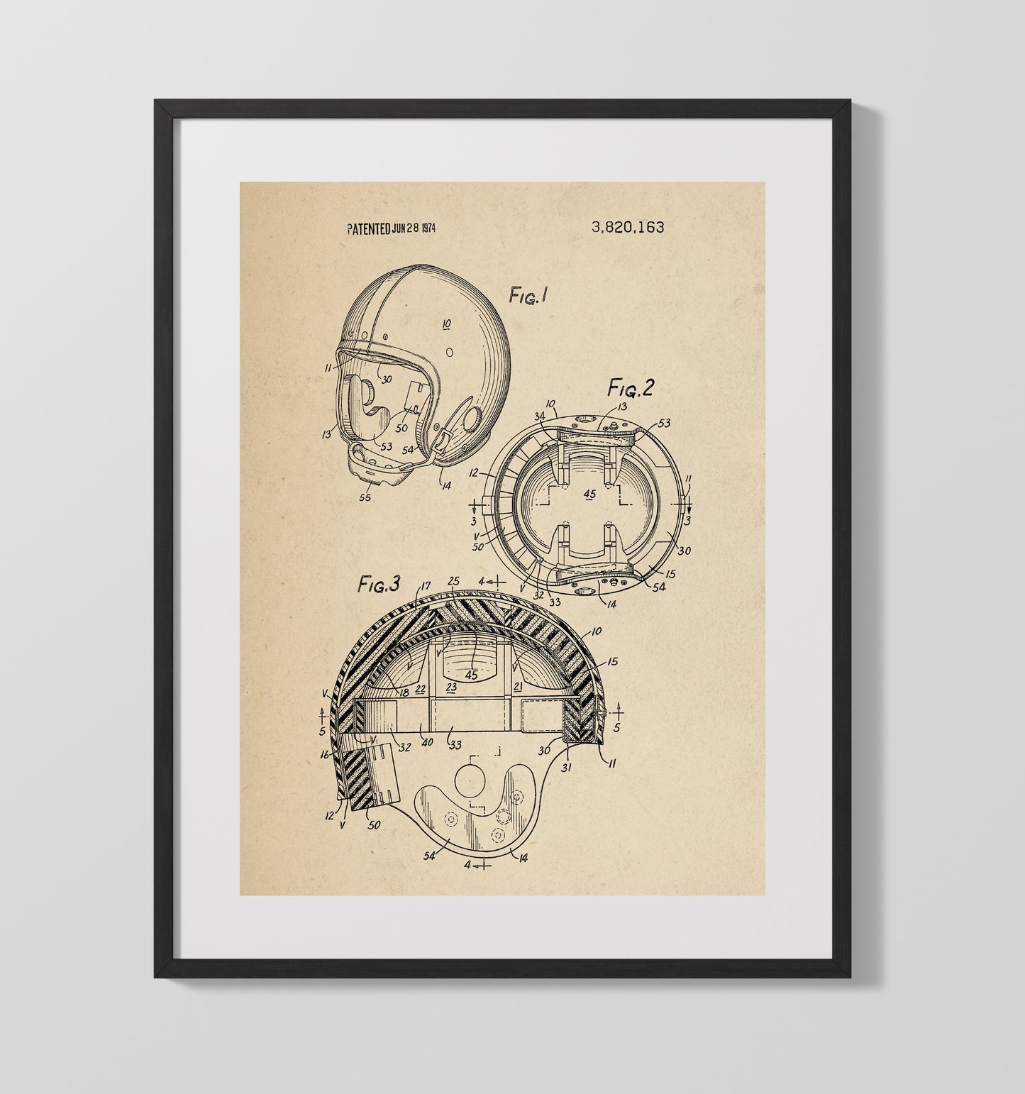 Patent Print - Football Helmet - Unknown Inventor - 1974 - Patent 3820163 Patent Wall Art